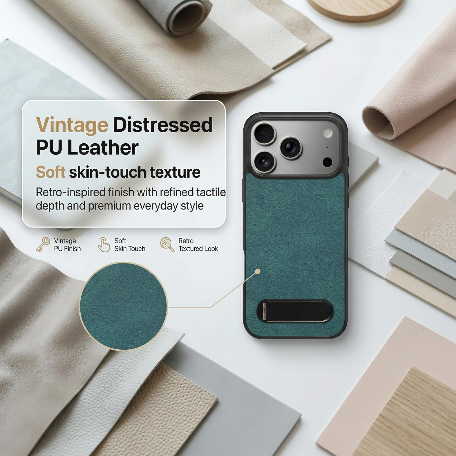Funda de Cuero PU Vintage para iPhone 17 Pro, Carcasa con Soporte Plegable y Anillo Magnético Integrado, Diseño Delgado Anti-Choque, Agarre Cómodo, Negro