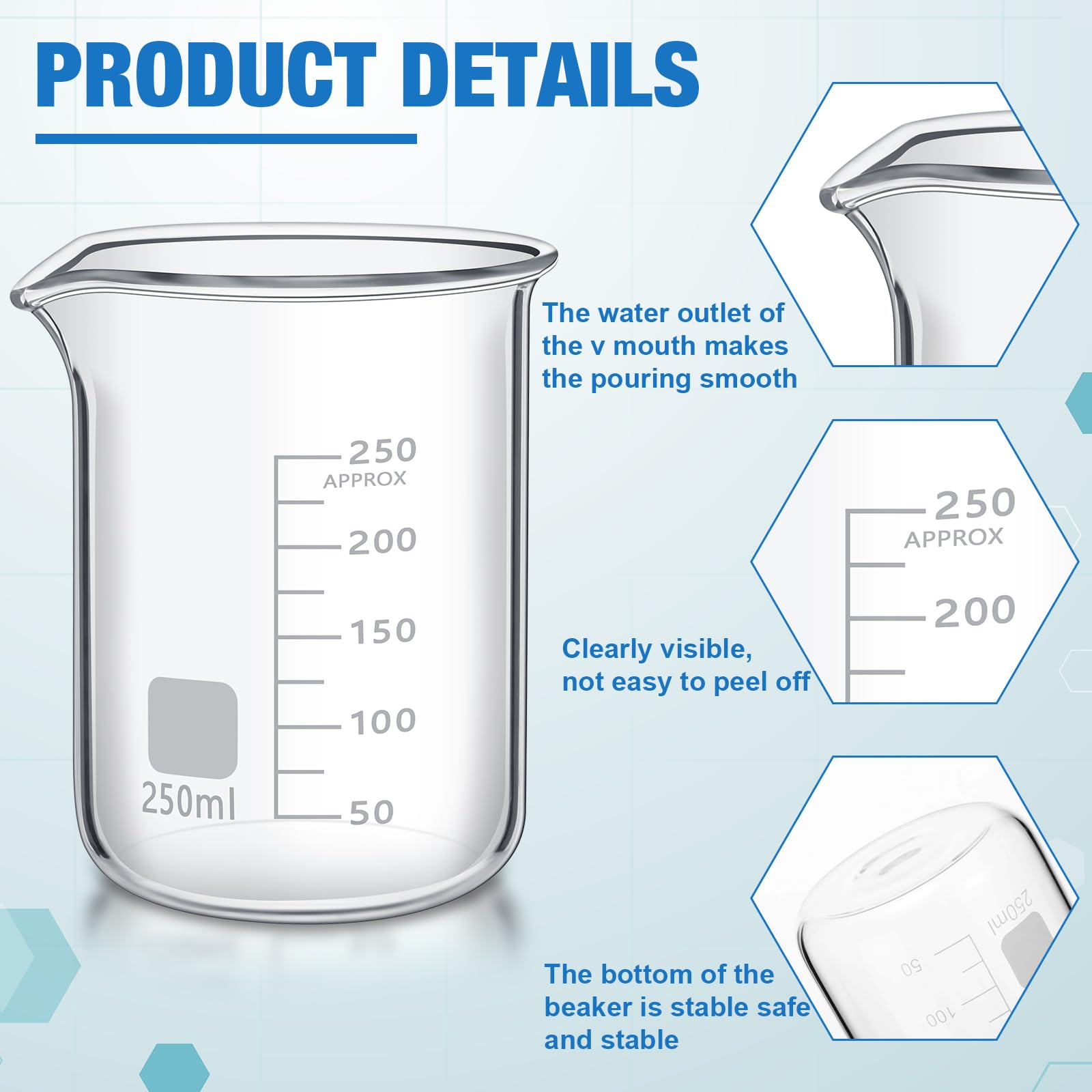 Tanlade 20 vasos de vidrio, vasos de laboratorio resistentes con impresión, taza medidora de alta clase de borosilicato, graduación a granel para laboratorios, aulas u hogar (250 ml)