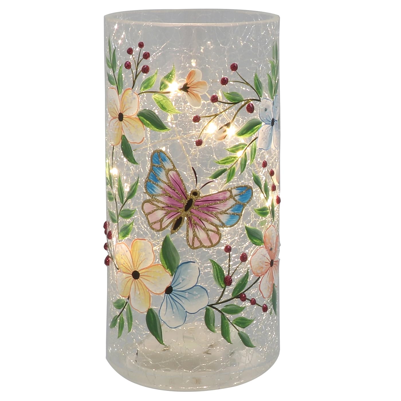 Shudehill Giftware Multicoloured Crackle Glass Cylinder With Led Lights, Butterfly And Floral Design, Decorative Tube Light