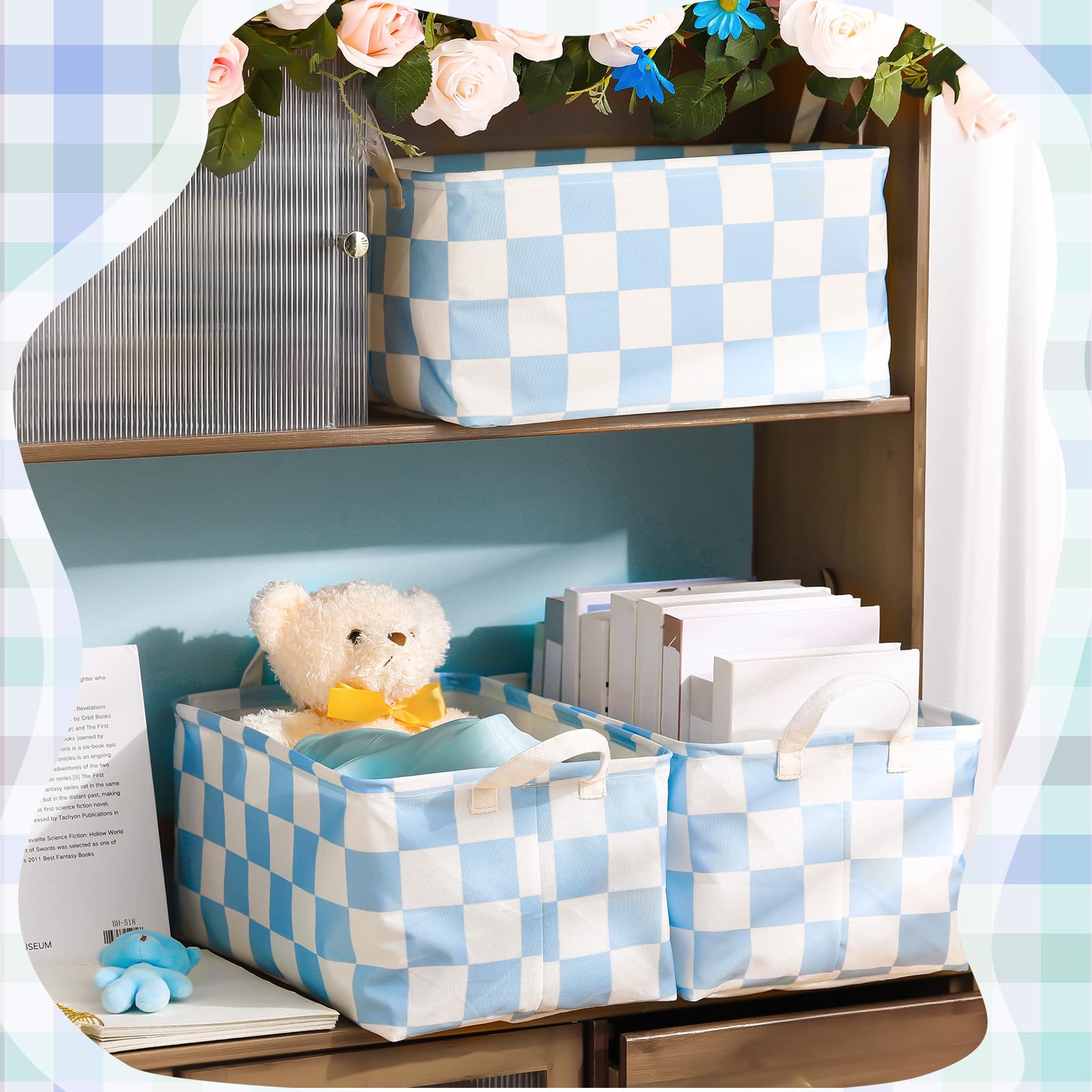 Boao 3 contenedores de almacenamiento a cuadros plegables grandes y rectangulares para regalos, cesta de lavandería de lona, caja plegable con asa para oficina, hogar, dormitorio, ropa (azul)