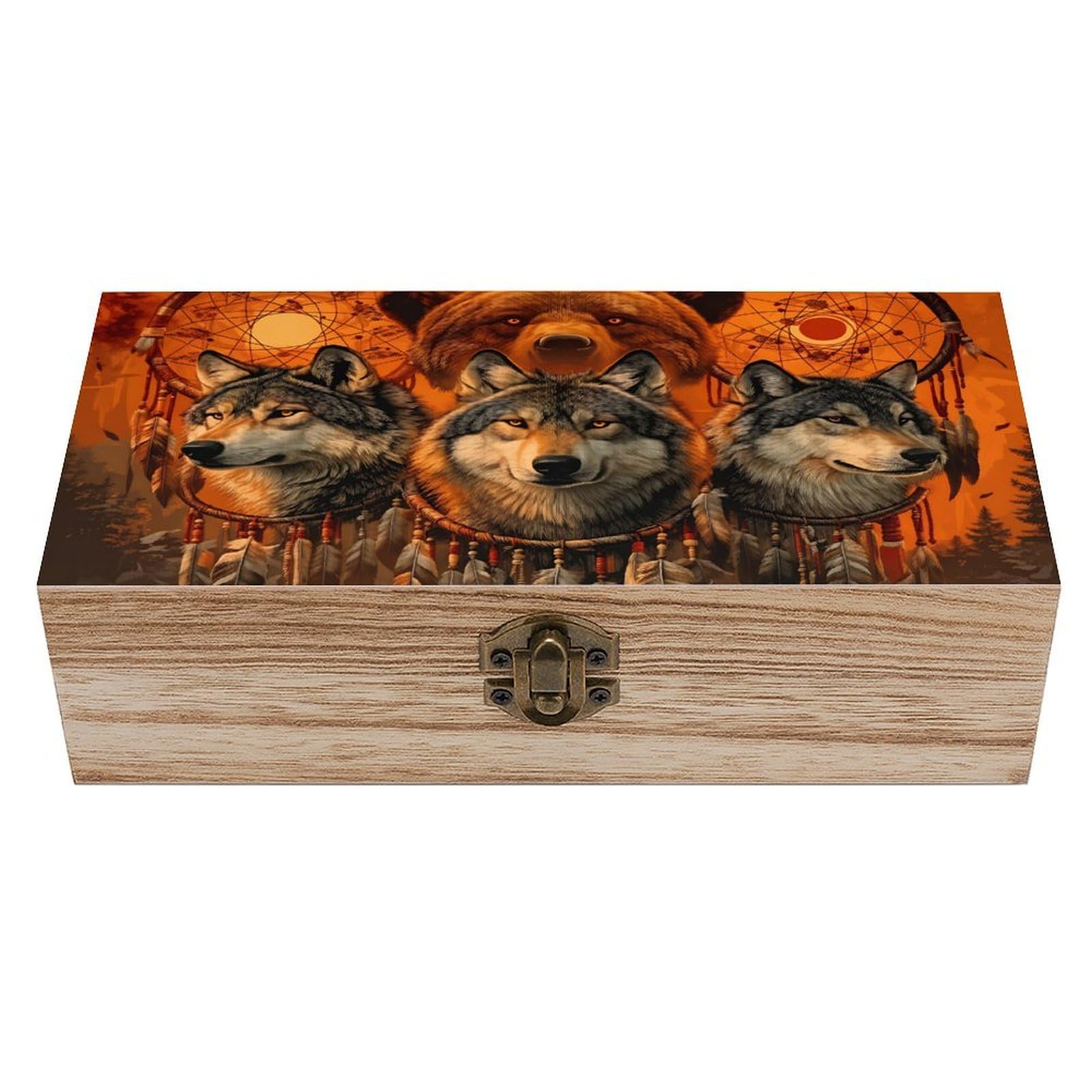 SMAZDFXX Wolf Bear Dreamcatcher Native Wooden Keepsake Box Vintage Solid Wood with Hinged Lid 7.9"×3.7"×2.3" Metal Latch Rustic Home Decor for Jewelry Photos And Trinkets