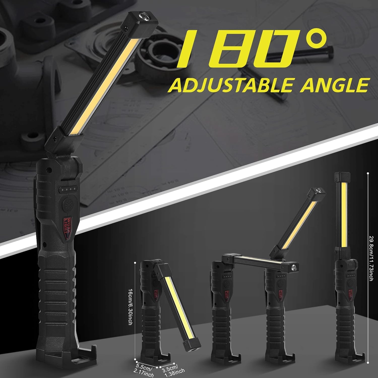 Huafire LED Rechargeable Work Light Flashlight with Magnetic Base, 4 Lighting Modes, Type-C USB Charging, 180° Rotating Portable Inspection Lamp for Automotive, Mechanic, Camping, BBQ & Emergency Use