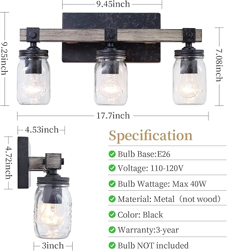 Miniatura 6 de Lámparas de baño de 3 luces, aplique de pared moderno negro, luces de tocador de granja con tarro de vidrio transparente, lámpara de pared para