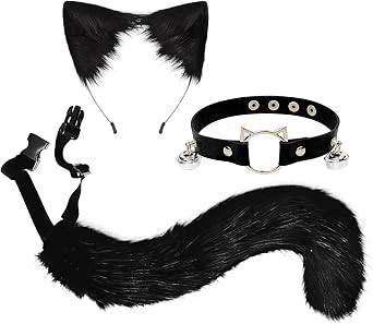Black Cat Wolf Fox Cosplay Costume 3 Pcs Faux Fur Ears Headband | Plush Cat Animal Tail with Leather Choker, Adult Halloween Christmas Party Dress Up Accessories, Handmade Craft Gift