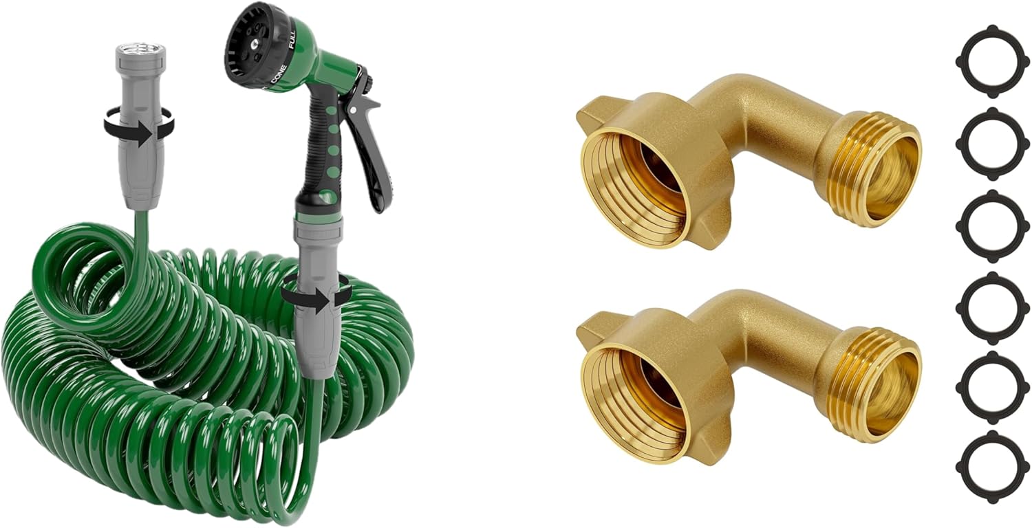 Lightweight Coil Garden Hose 50 FT + Brass 90 Degree Garden Hose Elbow