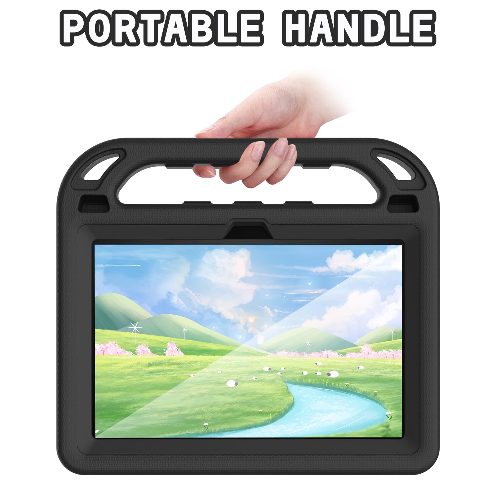 MENZO Custodia per bambini per tablet da 10 pollici (versione 2023/2021, 13a/11a generazione), pellicola protettiva integrata antiurto Lightwight con supporto per manico, nera