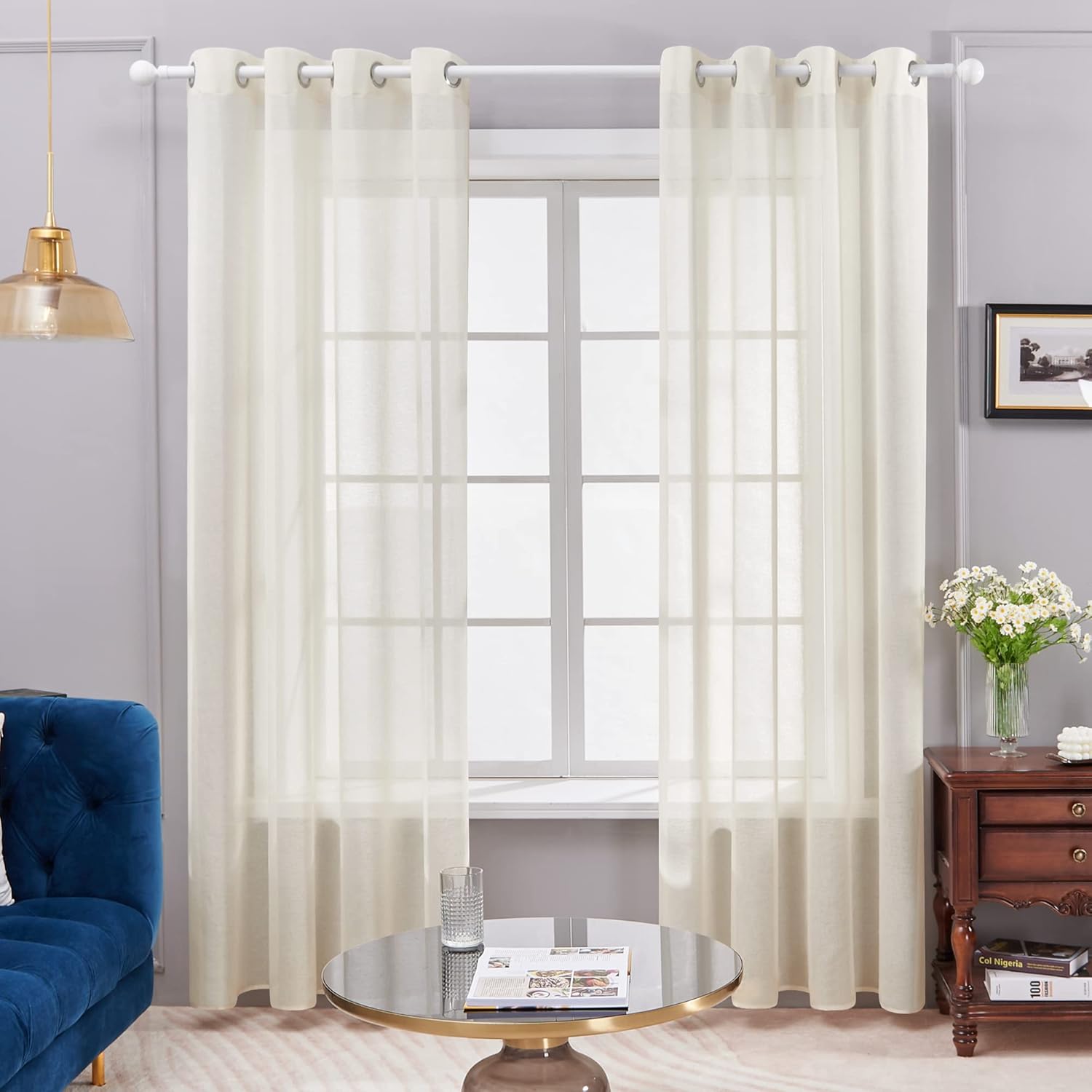Deconovo Cortinas Dormitorio Blancas con Motivos de Color para Habiatcion Infantil Translucidas 2 Piezas 140x145cm Beige