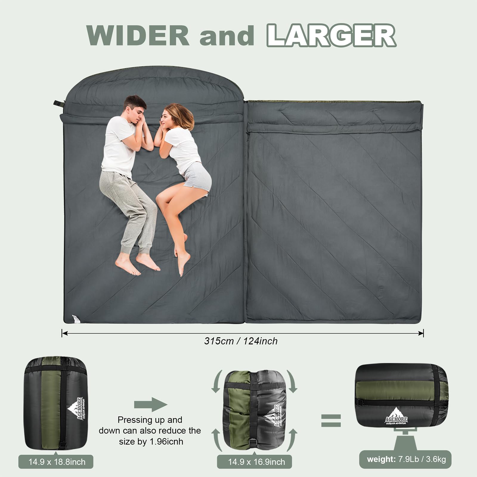 Sac de couchage double, grand lit, pour adultes, couples ou famille, sac de couchage imperméable pour 2 personnes, pour temps chaud et froid, camping, randonnée, randonnée