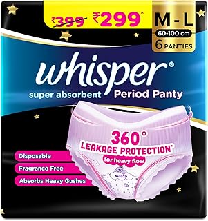 Whisper Super Absorbent Period Panty, 6 M-L Pants, 360 Degree Leakage Protection for Heavy Flow, Panty like Fit for Full back Coverage, Absorbs Heavy Gushes, Silky Soft, Comfortable Feel, Women