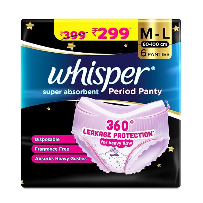 Whisper Super Absorbent Period Panty, 6 M-L Pants, 360 Degree Leakage Protection for Heavy Flow, Panty like Fit for Full back Coverage, Absorbs Heavy Gushes, Silky Soft, Comfortable Feel, Women