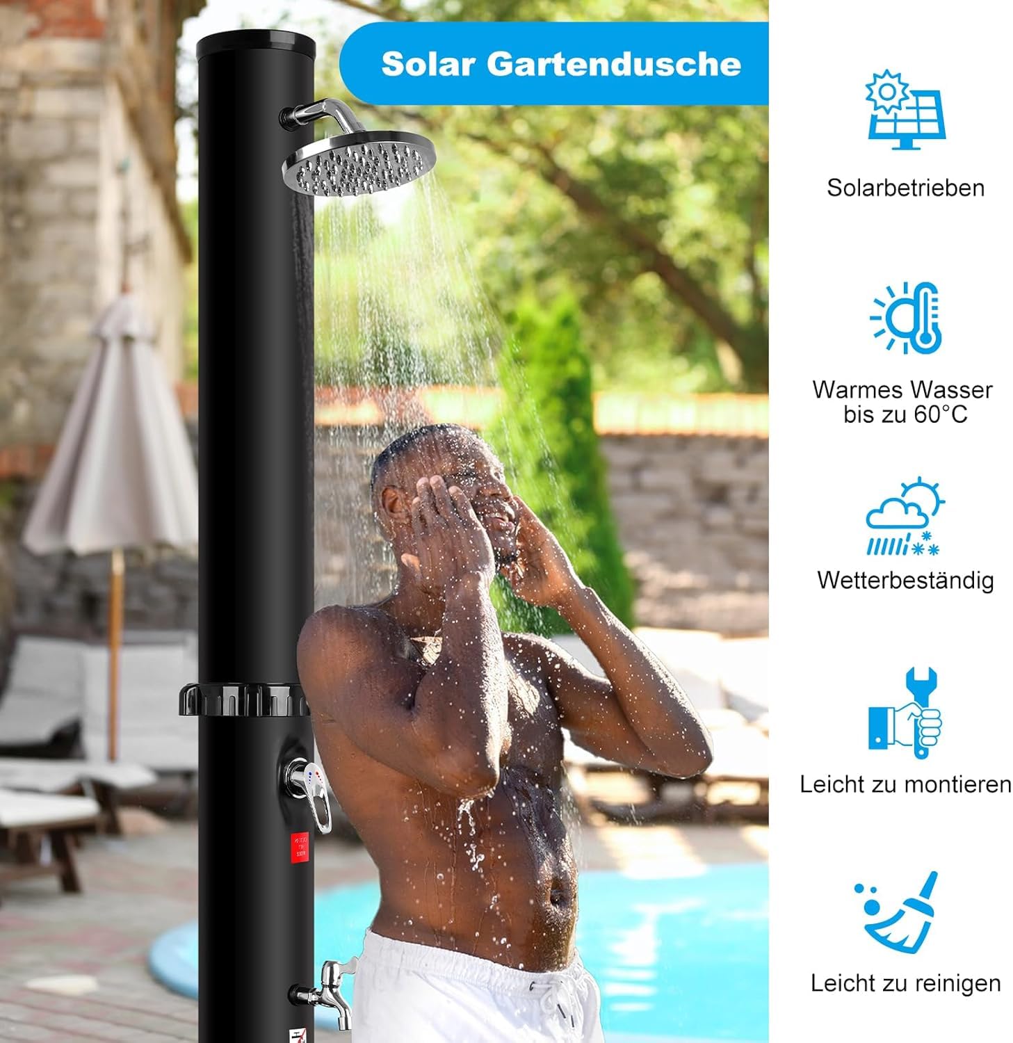 35 litres Douche Solaire Extérieure pour Jardin et Piscine avec Oxford Housse de Protection - Douches de Jardin Réglable avec Robinet, Température Maximale de 60°C