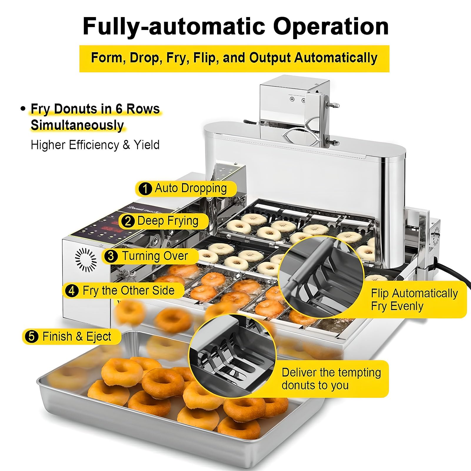 Macchina automatica per ciambelle, friggitrice digitale commerciale da 2000 W con pannello di controllo intelligente, regolazione della temperatura 50~220 ℃, ribaltamento automatico 6 Row