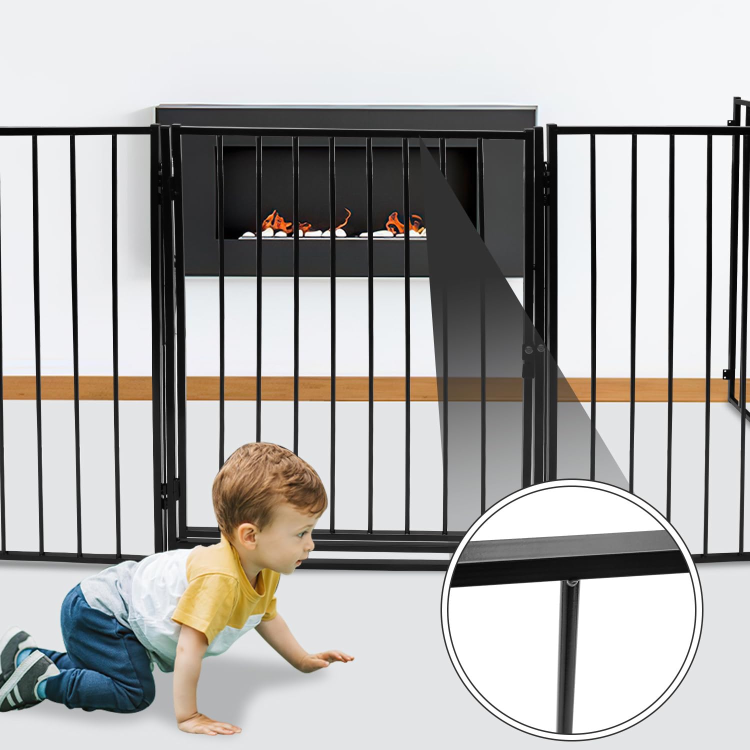 Rejilla protectora plegable para mascotas, juego de 5 piezas con puerta, rejilla protectora para chimenea con puerta de 304 cm, color negro, fijación a la pared, cada elemento 60 x 76 cm