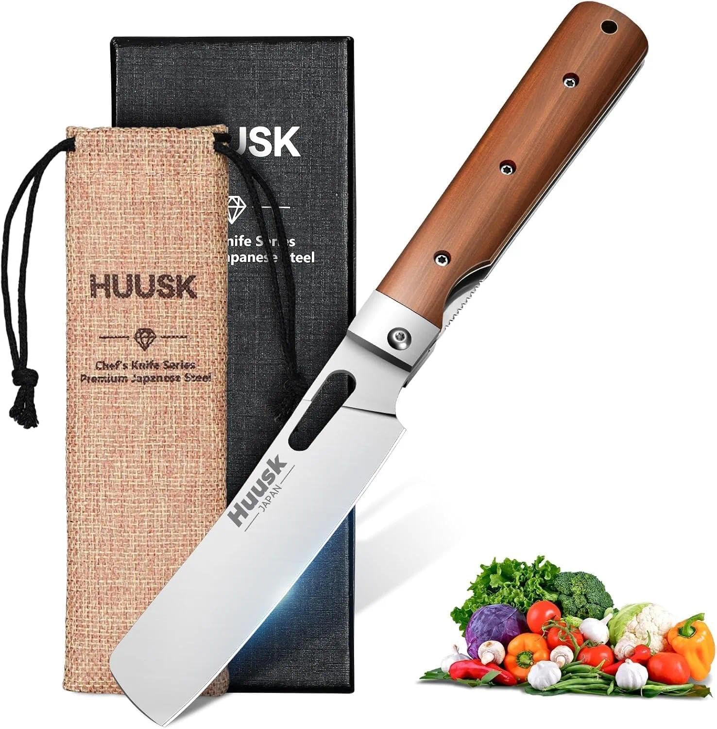 Huusk Japanese Folding Nakiri Knife - Pocket Chef Knives with 440C Stainless Steel Ultra Sharp Blade, Portable Kitchen Knife for BBQ Trip Outdoor, Christmas Gift for Men and Women