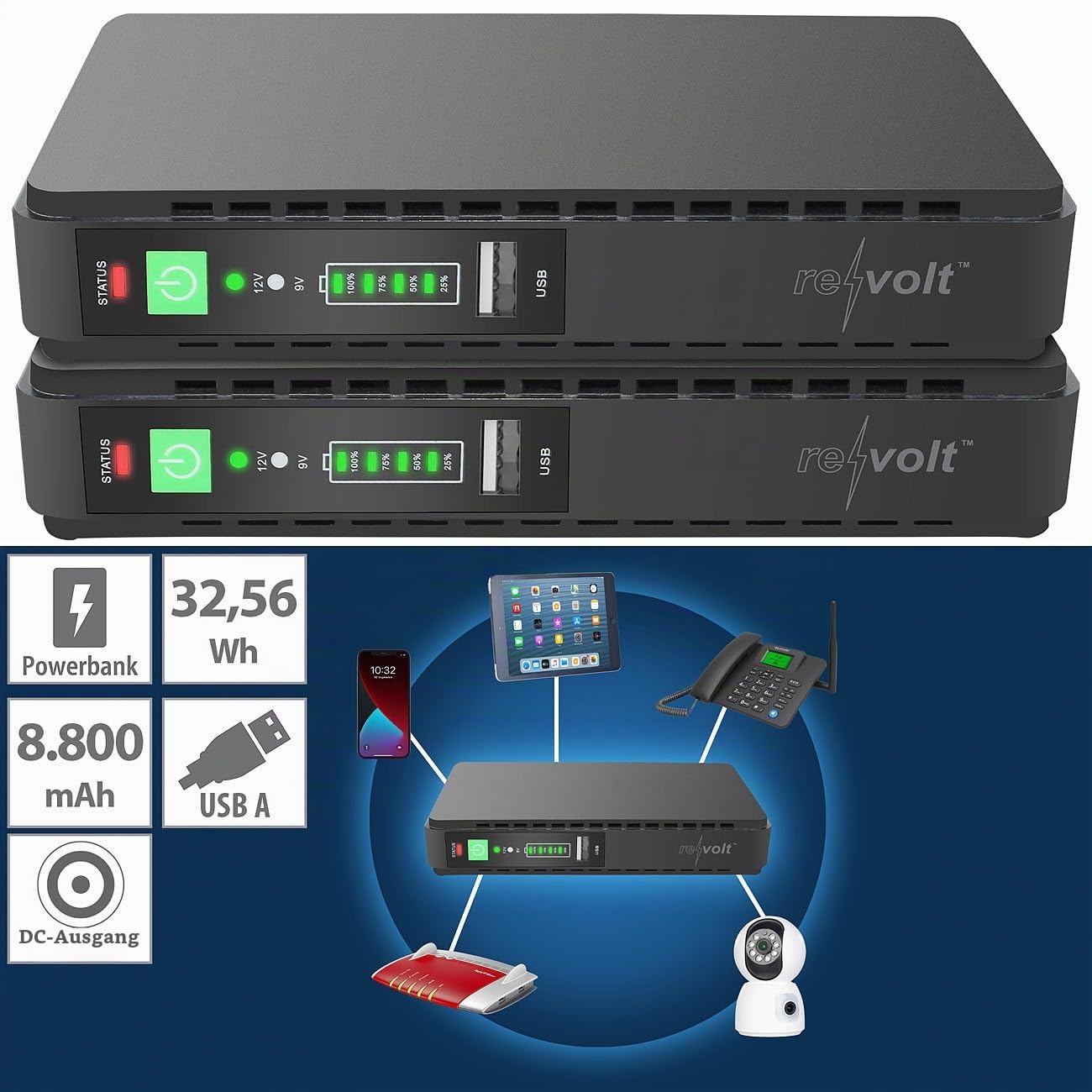 revolt USB c USV: Mini-UPS f. unterbrechungsfr. Stromvers., 8.800 mAh, USB/DC, 2er-Set (USV mit iintegrierter Powerbank, DC, Notstrom)