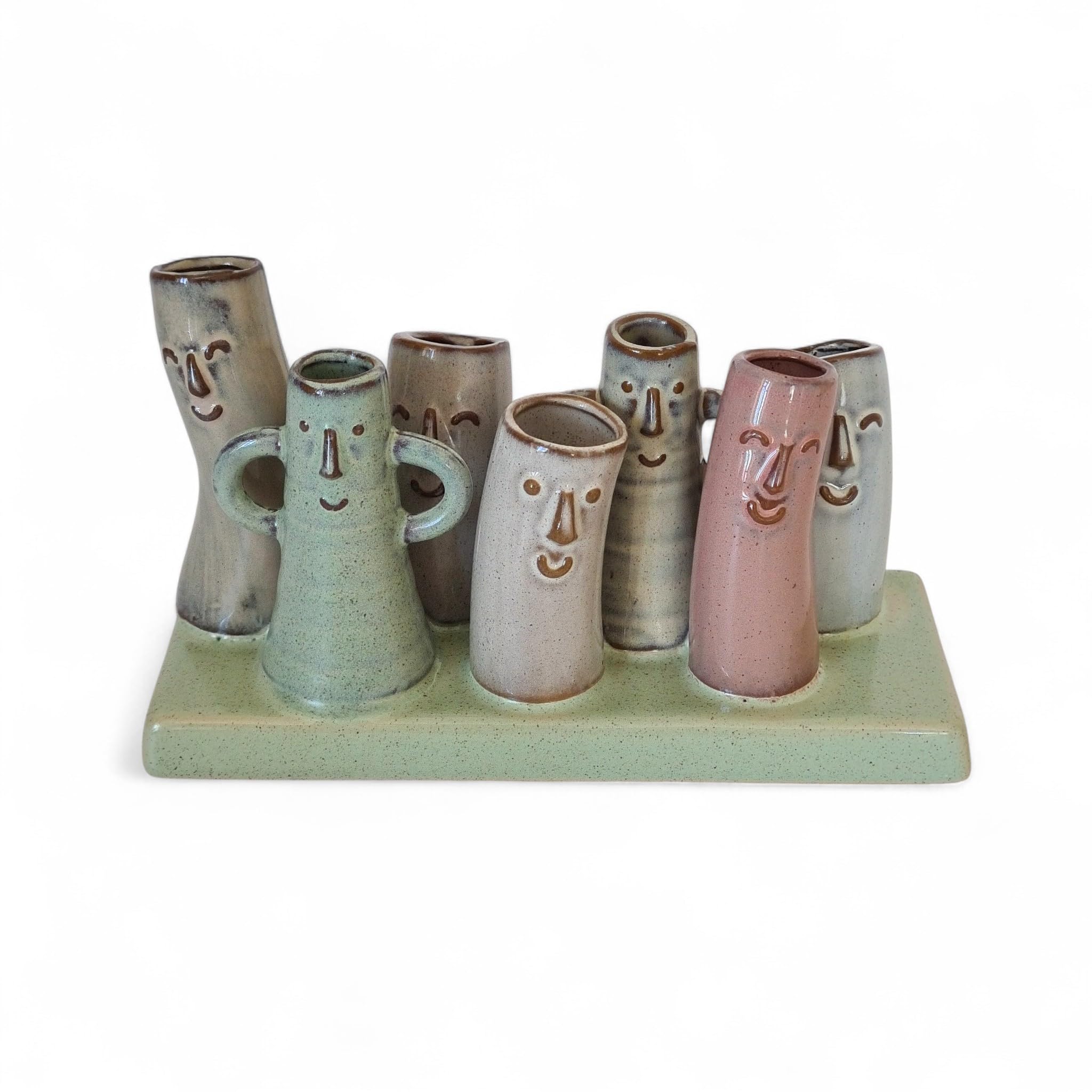 Shudehill Petite Pottery Decorative Bud Vases Set with Stand, Pastel Colours, Whimsical Face Design
