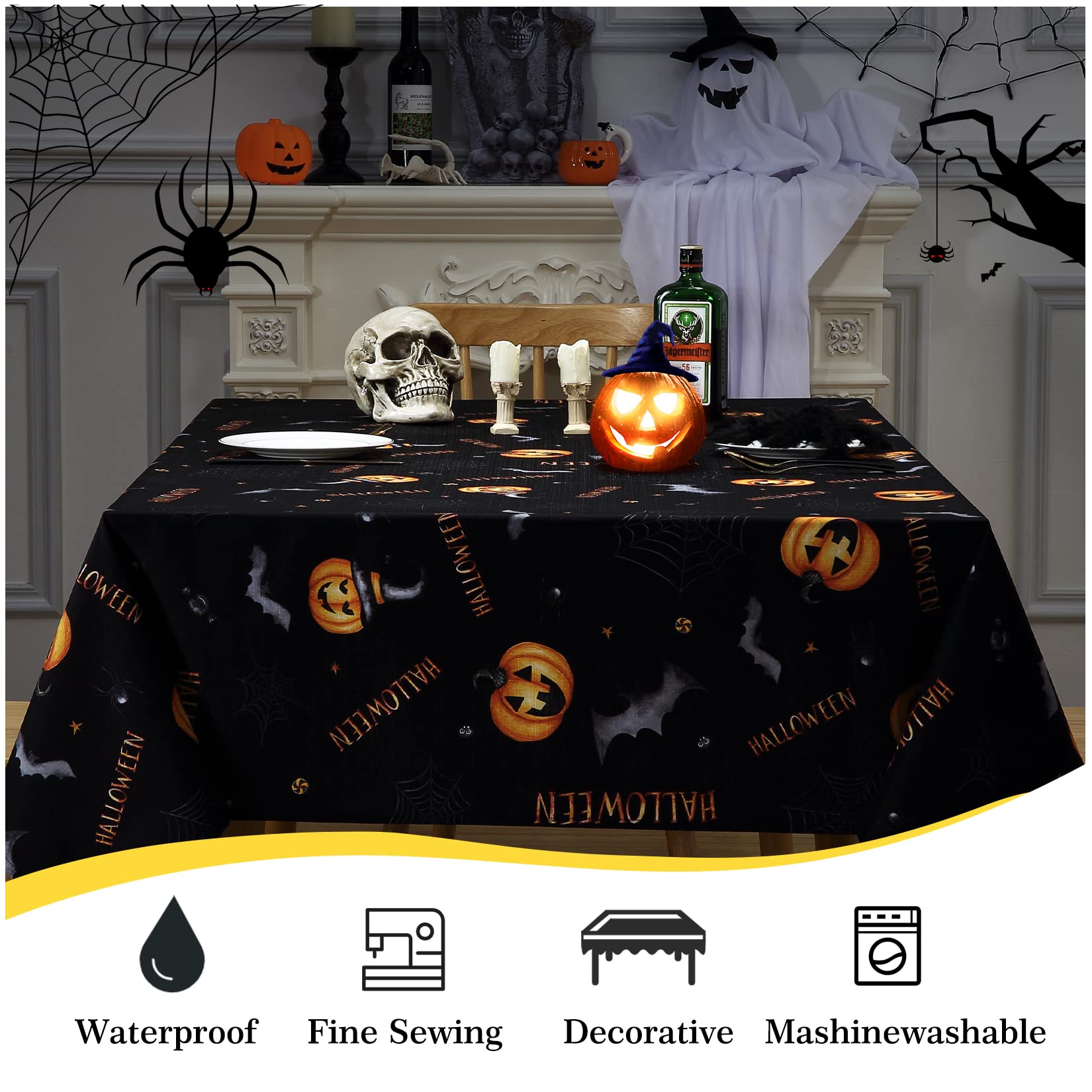 Nappe Halloween PVC 140x180 Cm - Motifs Citrouille, Fantômes, Chauves-souris - Imperméable Et Lavable - Décoration De Fête