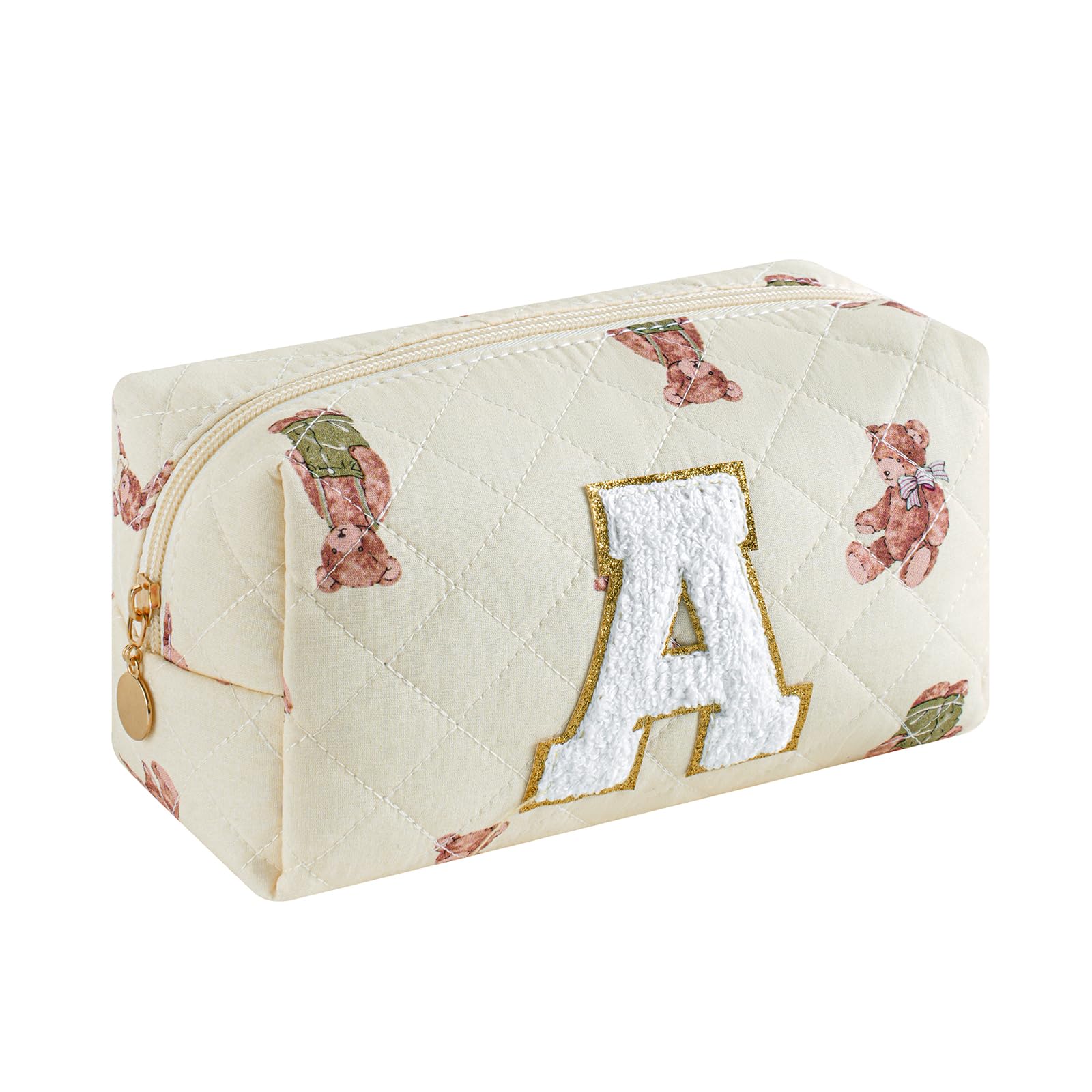 Small Quilted Cotton Initial A-Z Makeup Bag, Personalized Aesthetic Chenille Letter Travel Cosmetic Pouch with Bear Pattern, Cute Preppy Toiletry