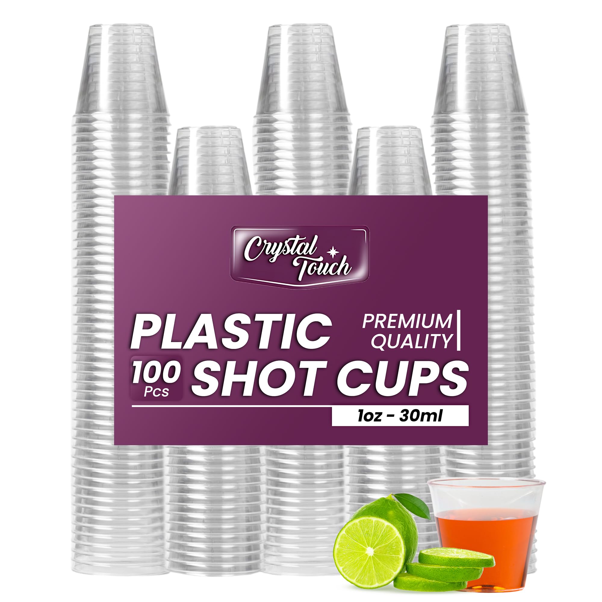 Crystal Touch 1oz Shot Glasses - 100 Plastic Shot Glasses Disposable, Durable Plastic Shot Glass - Crystal Clear Shot Glass, Dessert Cups - Cool Birthday, Wedding, Anniversary Party Tasting Cups