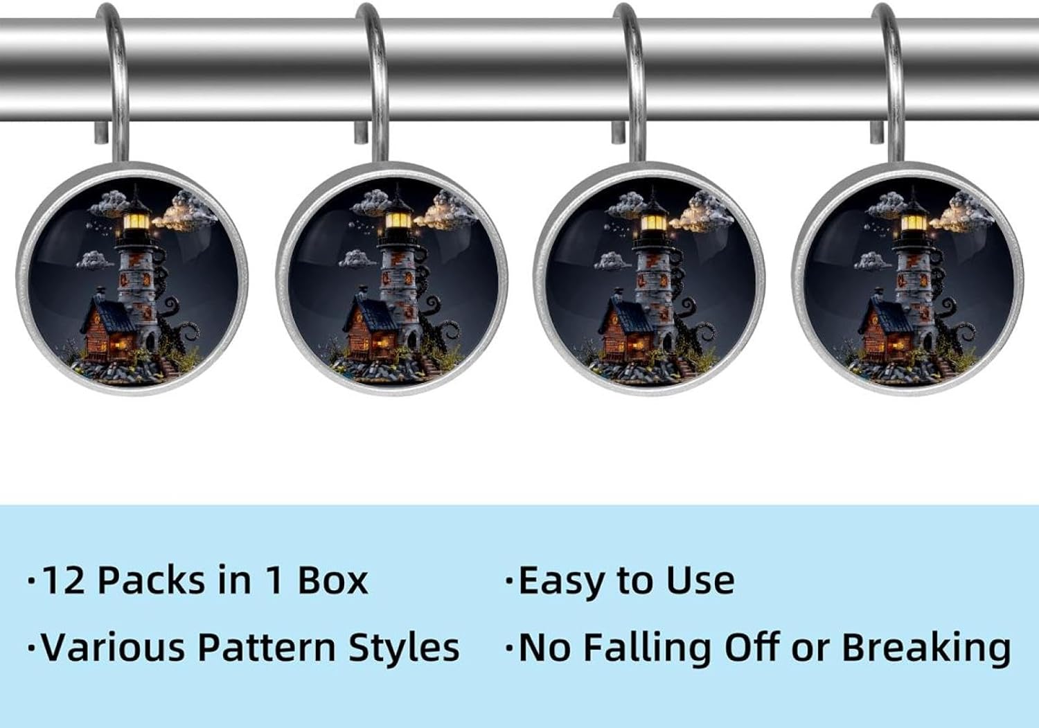 Lighthouse (1) Round Crystal Glass Decorative Shower Curtain Hooks with 3D Pattern Visual, Rust Proof Shower Curtain Rings-12 Pack