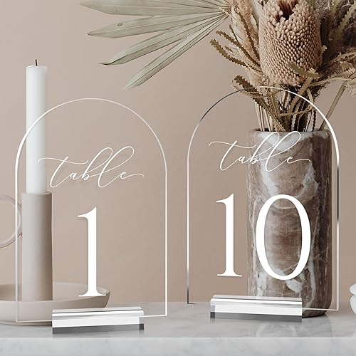 JINMURY Números de mesa de arco transparente para boda, mesa de acrílico arqueada de 5 x 7 pulgadas, números 1-10 con soportes, letrero de arco de