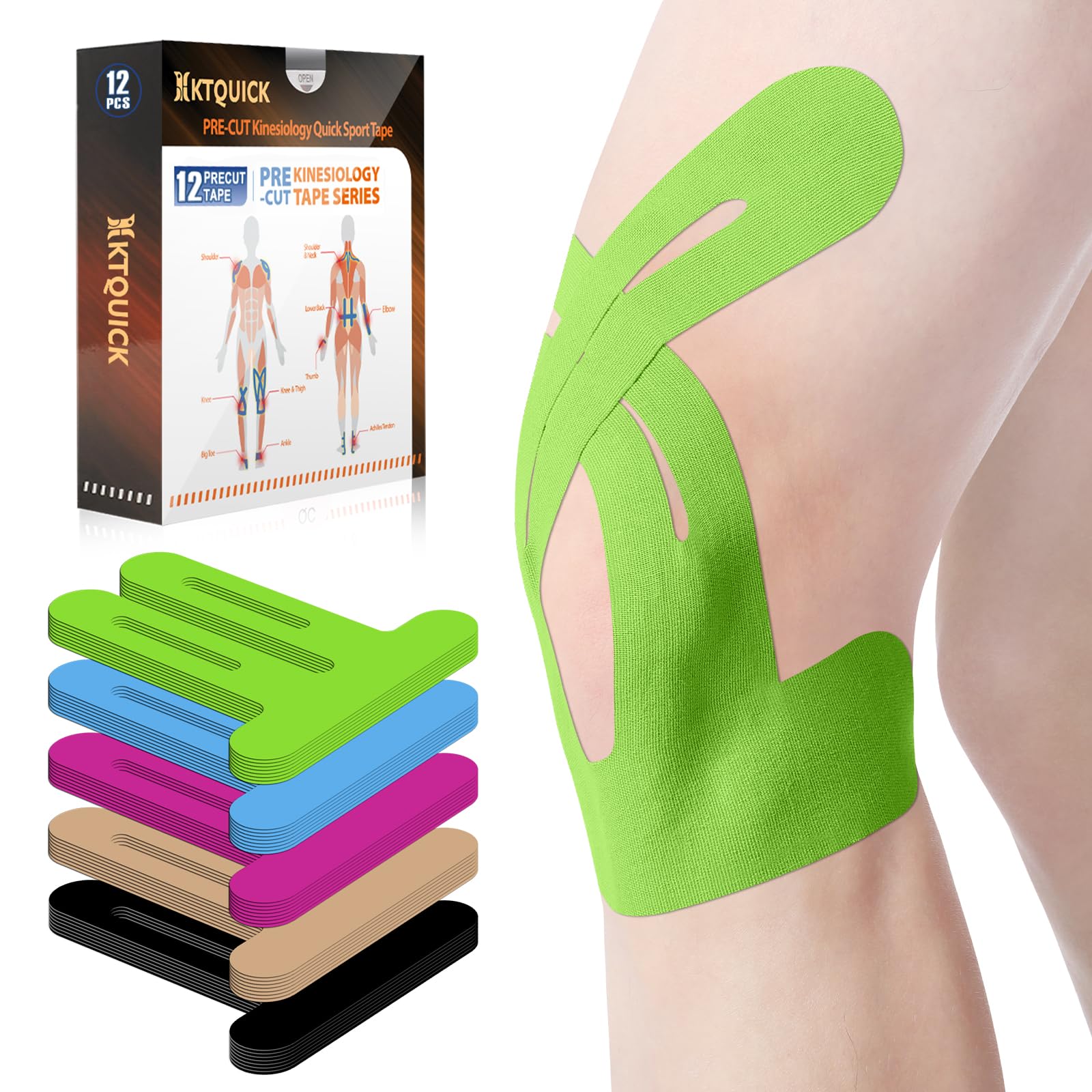 PreCut Kinesiology Tape for Knees, 12 PCS Waterproof KTQUICK Knee Tape for Knee Pain Relief Pre Cut, Original Cotton Athletic Knee Tape, Waterproof &