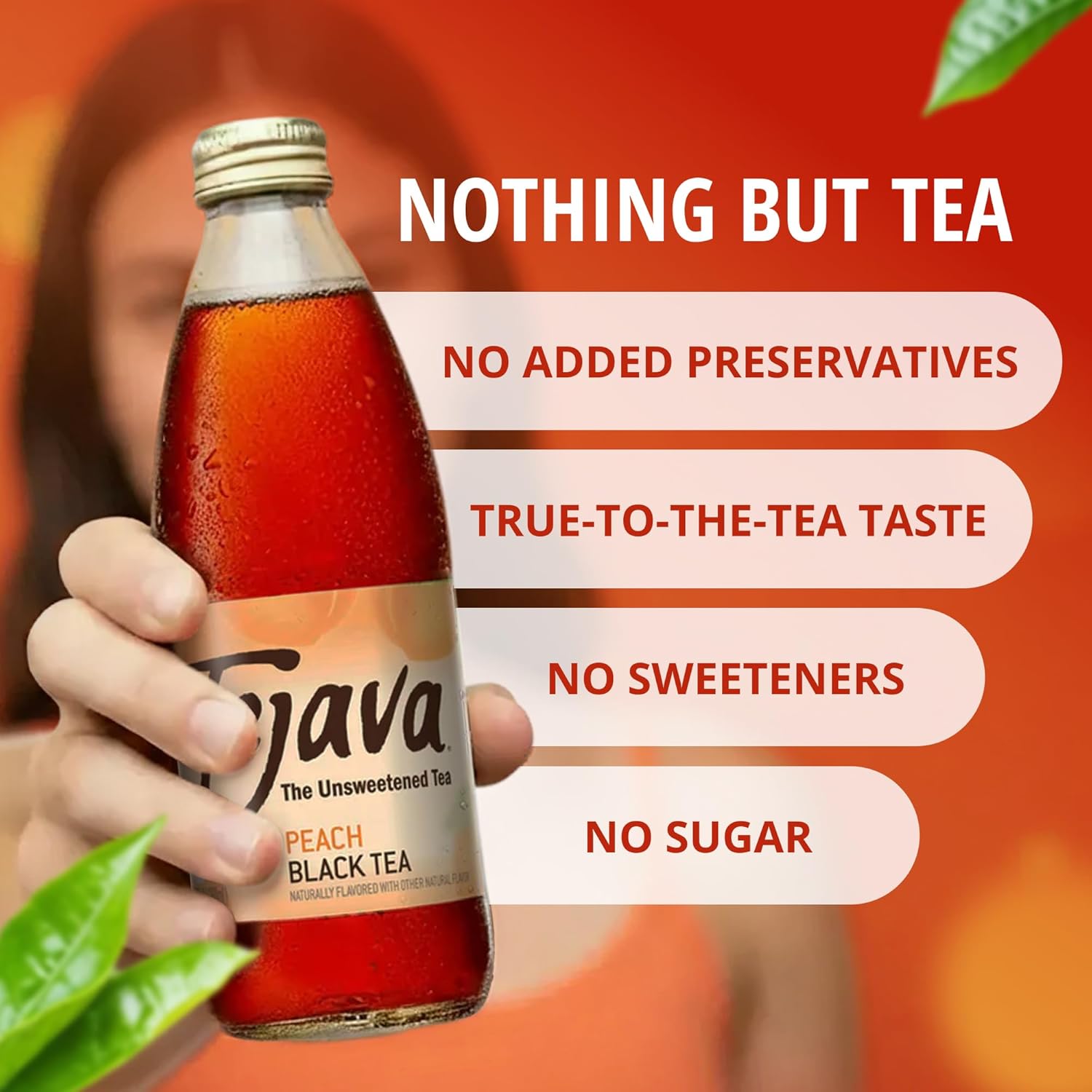 Tejava Peach Black Iced Tea, 24 Pack, 12oz Glass Bottles, Unsweetened, Non-GMO, Kosher, No Sugar or Sweeteners, No calories, No Preservatives, Brewed in Small Batches