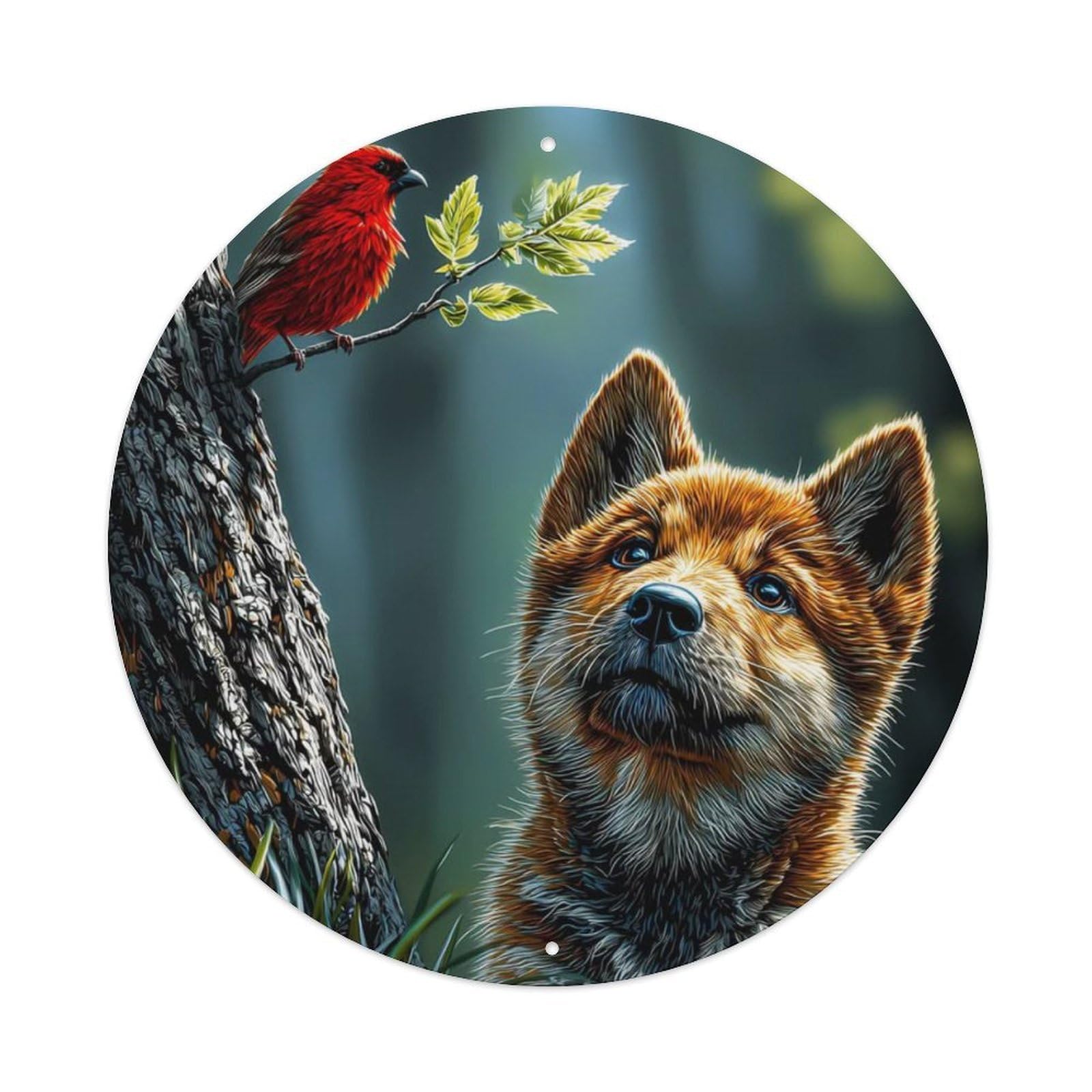 Animal Shiba Inu Puppy Scarlet Finch Forest Wildlife Cute Pet Vintage Metal Tin Sign Plaque Wall Decor for Cafe, Club Bar, Office, Garden Metal Poster 8x8Inch