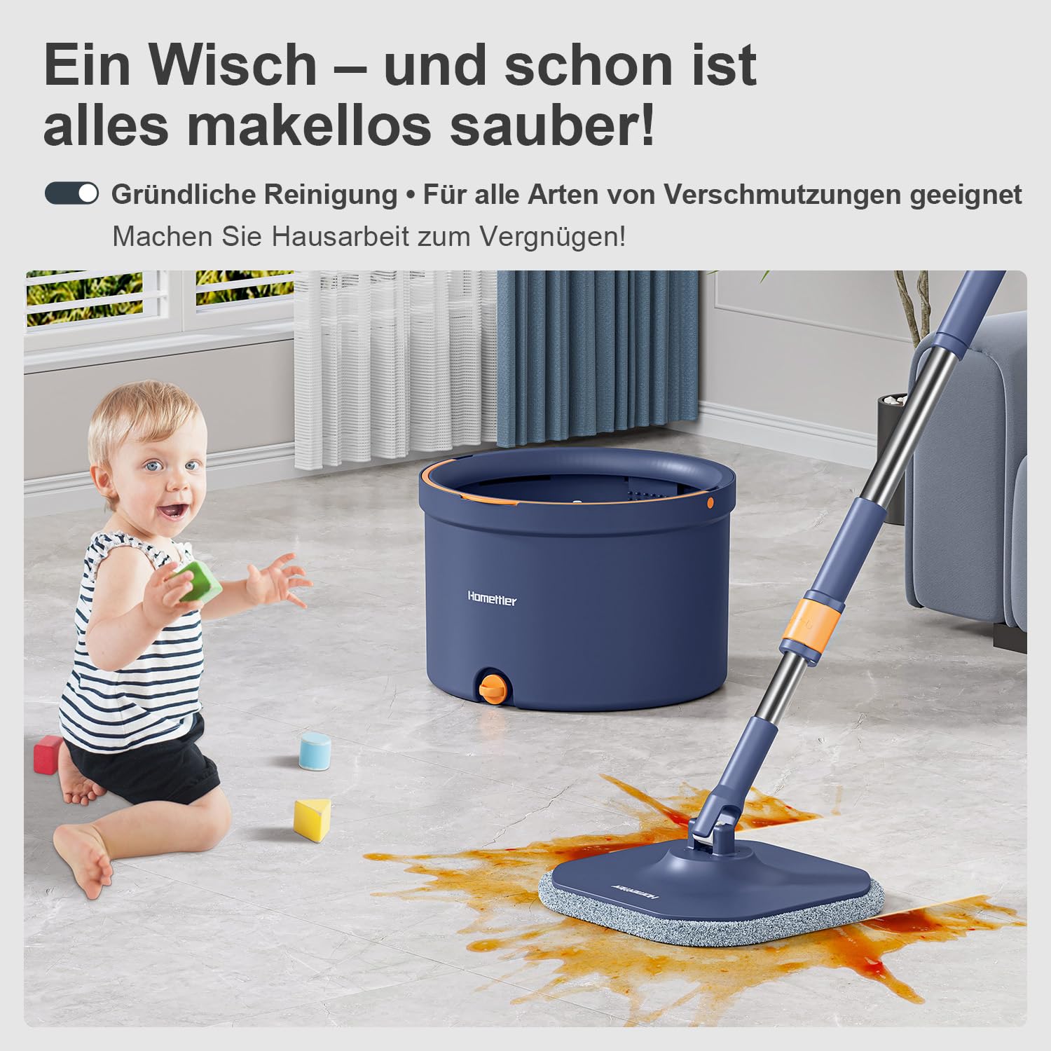 HoMettler Wischmopp Set mit Eimer, 2-Kammer System für Sauber- und Schmutzwasser Trennung, Bodenwischer mit 360° Drehkopf, Teleskopstiel aus Edelstahl, 4 waschbare Mikrofaser Pads, für alle Hartböden
