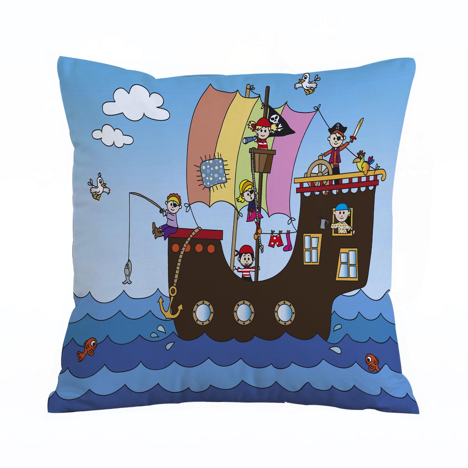 ERRTU Throw Pillow Case Pillowcase Square Printed Cushion Cover for Living Room Sofa Couch Bed Car,Pirate, children's pirate ship with funny kin,18x18 in