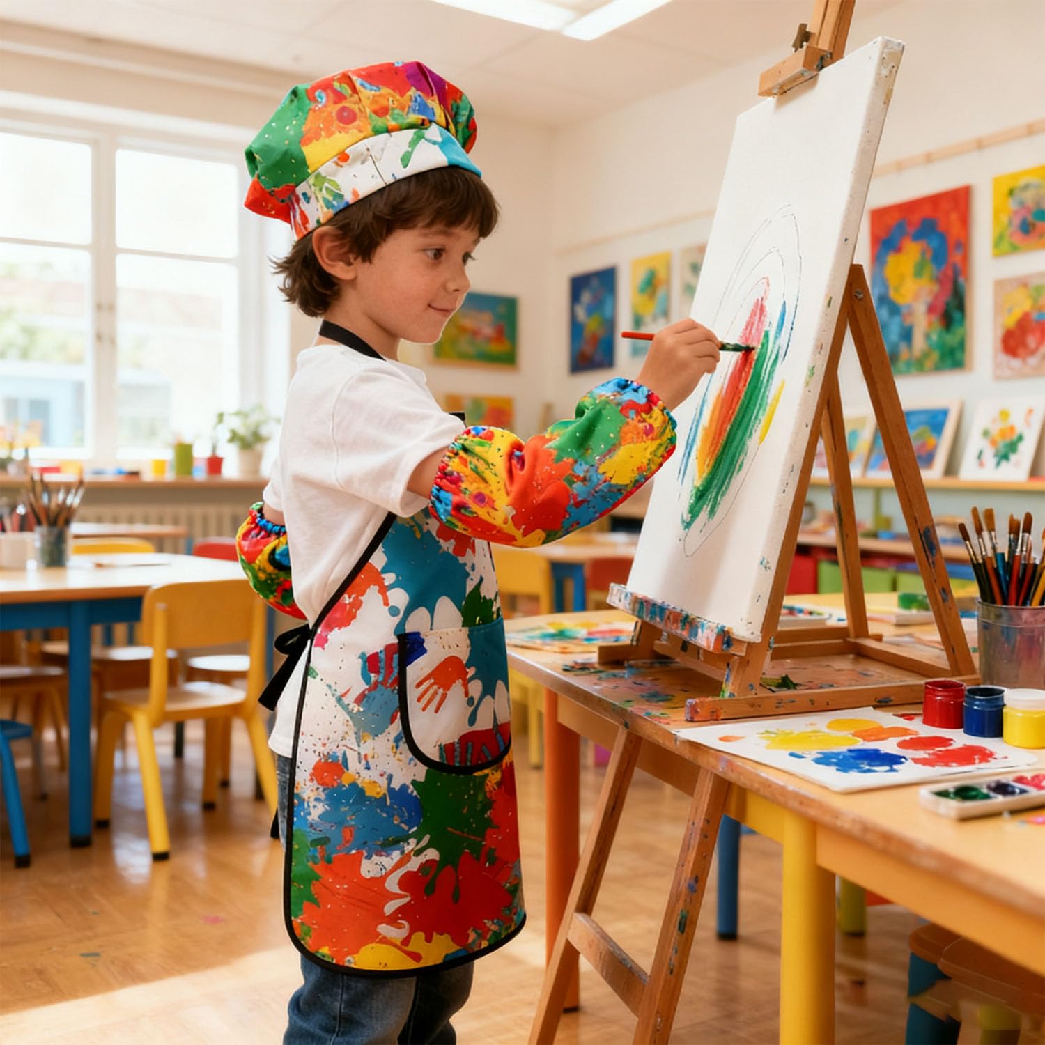 Ptyism Kids Painting Smocks(With a Hat and Sleeve Cover) Kids Painting Aprons,Kids Painting Smock丨Paint Aprons for Children for Painting Cooking - Image 3