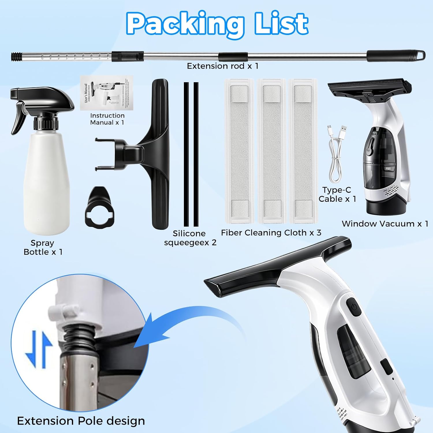 Window Vacuum Squeegee with Extendable Pole 31-40", 2000Pa Electric Window Cleaning Tool with 2200mAh and 150ml Dirty Water Tank, Long Handle Squeegee for Windows, Shower Doors, Mirrors, and Tiles