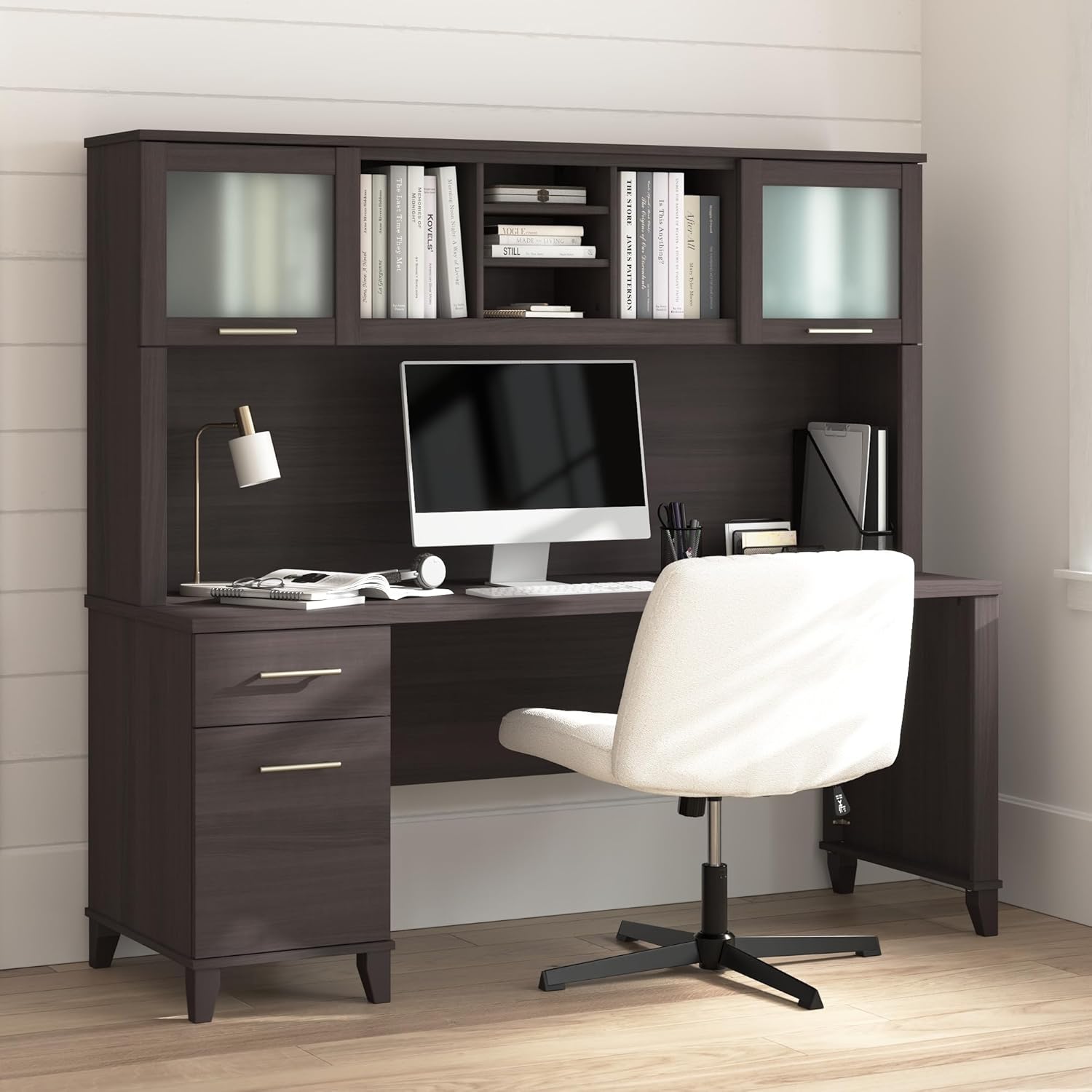 Bush Home 72-Inch Office Desk with Drawers and Hutch, Computer Desk with File and Box Drawers, Shelves and Storage Cabinet, Home Office Workstation, Somerset Collection, Storm Gray