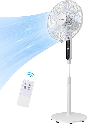 PELONIS 16" Oscillating Pedestal Stand Up Fan | Adjustable Height | Ultra Quiet DC Motor | Remote Control | 12 Speed | 12-Hour Timer | High Energy