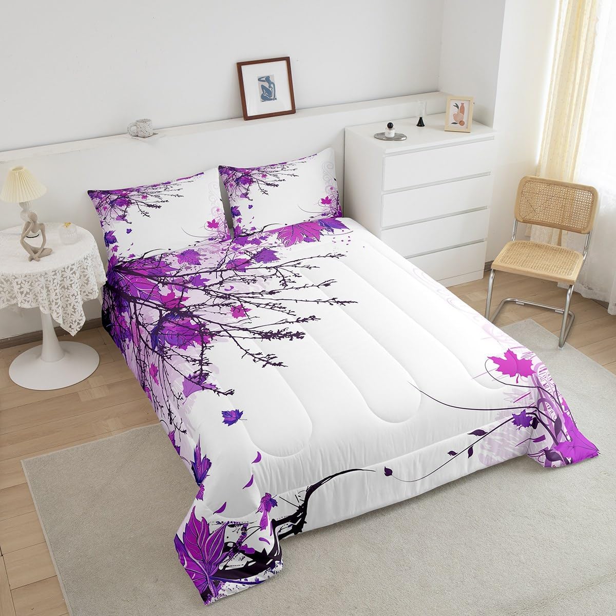 Erosebridal Fall Leaves Comforter Set Twin Size, Purple Maple Leaves Bedding Set for Kids Youth Girls, Botanical Branches Down Comforter Autumn Thanksgiving Gift Quilt Soft Warm with 1 Pillow Case
