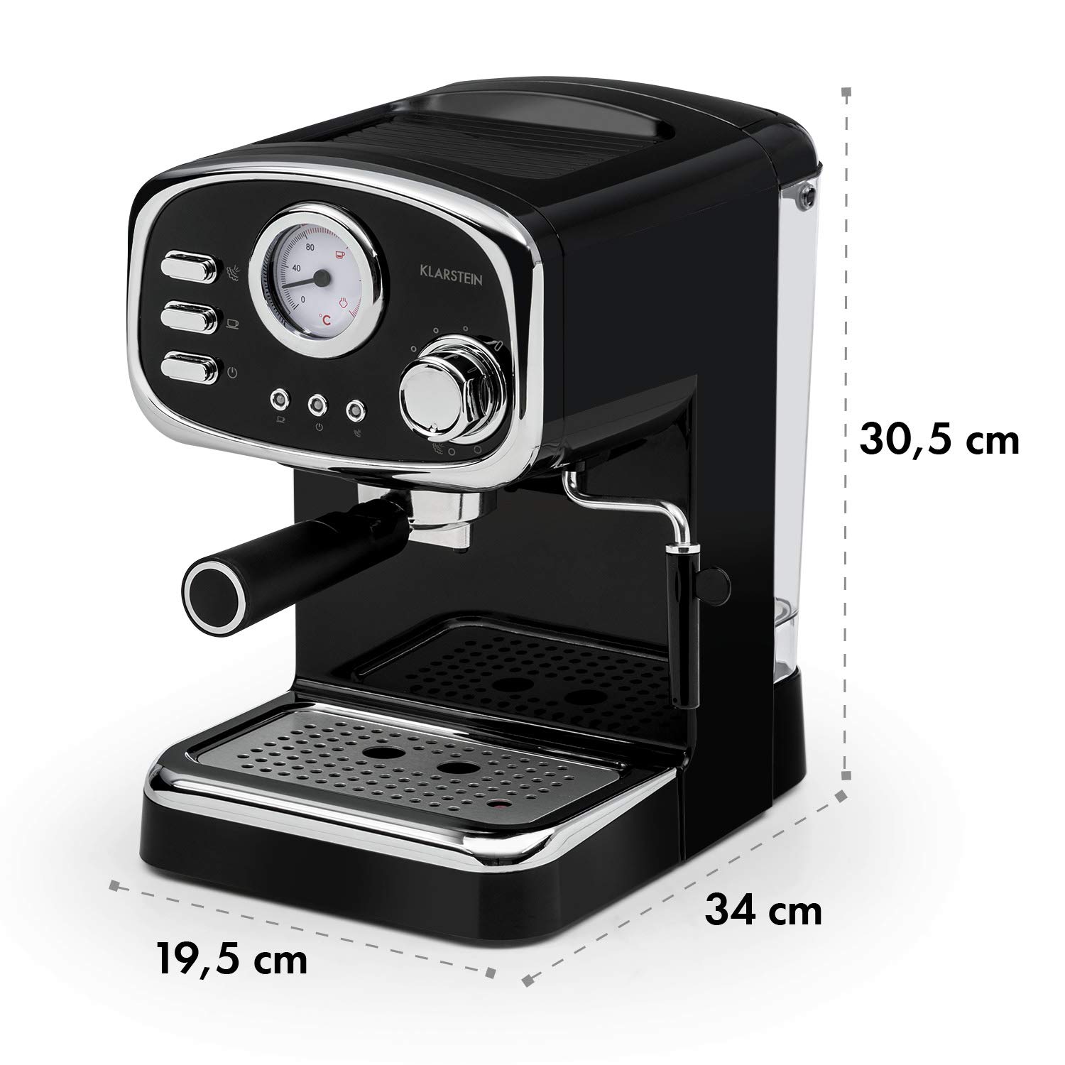 KLARSTEIN Espressionata Gusto - Cafetera espresso, Cafetera automática, Potencia 1100 W, 15 bares, 1,25 litros, Boquilla vapor, Termómetro, Bandeja de goteo extraíble, Negro