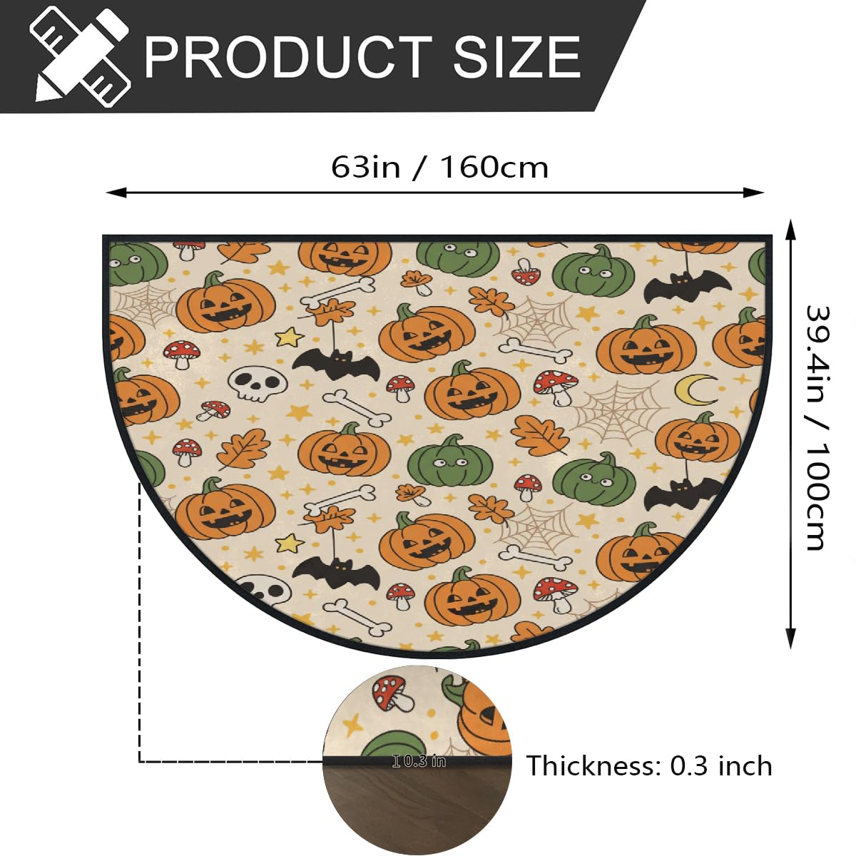 Große halbrunde Fußmatte – Kürbisknochen, Halloween, saugfähig, rutschfest, halbrund, Eingangsbereich, niedlich, weich, halbrund, waschbar, Teppich für Küche, Badezimmer, Schlafzimmer, 160 x