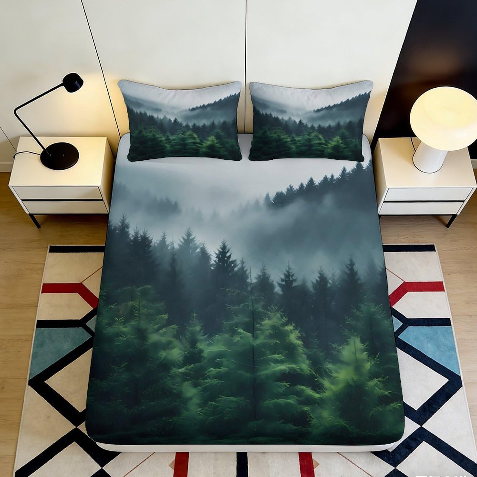 3D Printed Forest Mist Fitted Sheet Microfiber Soft Breathable Foggy Pine Mattress Cover for Bedroom Dormitory Guest Room Mattress Protection Decor 180x200x25cm