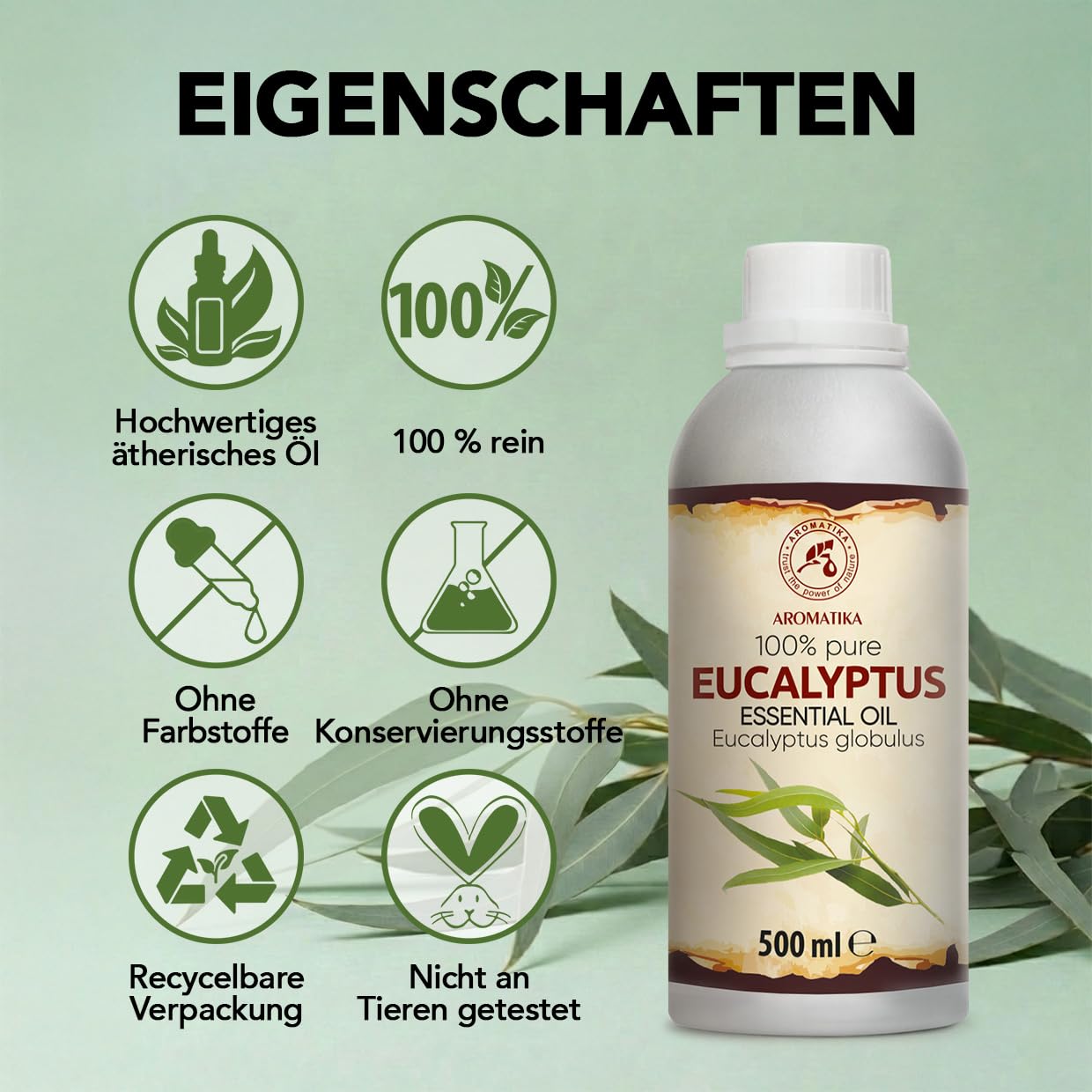 Ätherisches Eukalyptusöl 500 ml - Eucalyptus Globulus - Reines Ätherisches Eukalyptus Öl - für Diffusers und Duftlampen - Saunaduft - Aromakerze - Frischer Aroma - Lufterfrischer - Aromatherapie