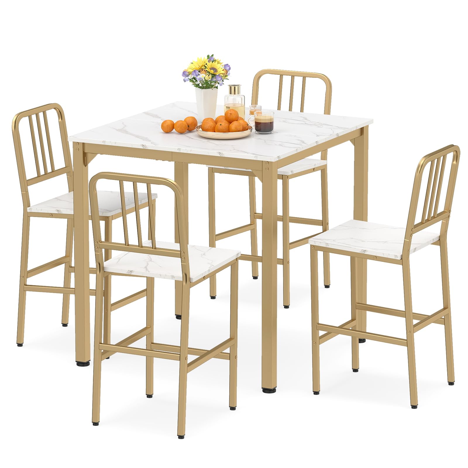 COSTWAY Set da Pranzo per 4 Persone, Set Cucina Bar 5 Pezzi con Superficie in Finto Marmo, Tavolo Quadrato in Legno e 4 Sgabelli Alti per Angolo Colazione e Sala da Pranzo (Bianco)