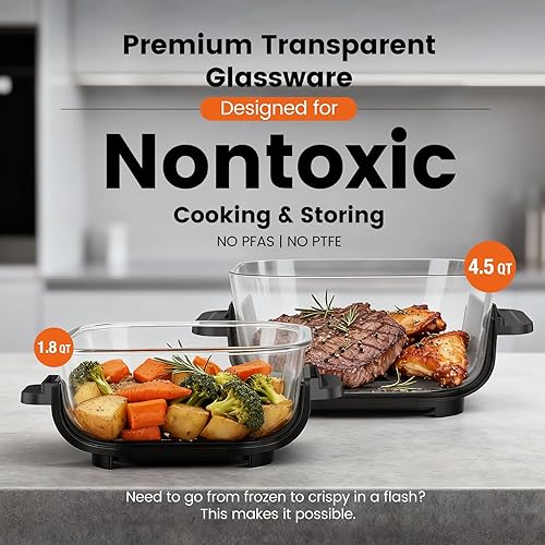 Miniatura 4 de Kismile Freidora de Aire, Sistema de Cocina Portátil de Vidrio 4 en 1, 4.5QT y 1.8QT Envases de Vidrio para Freidora de Aire con Tapas