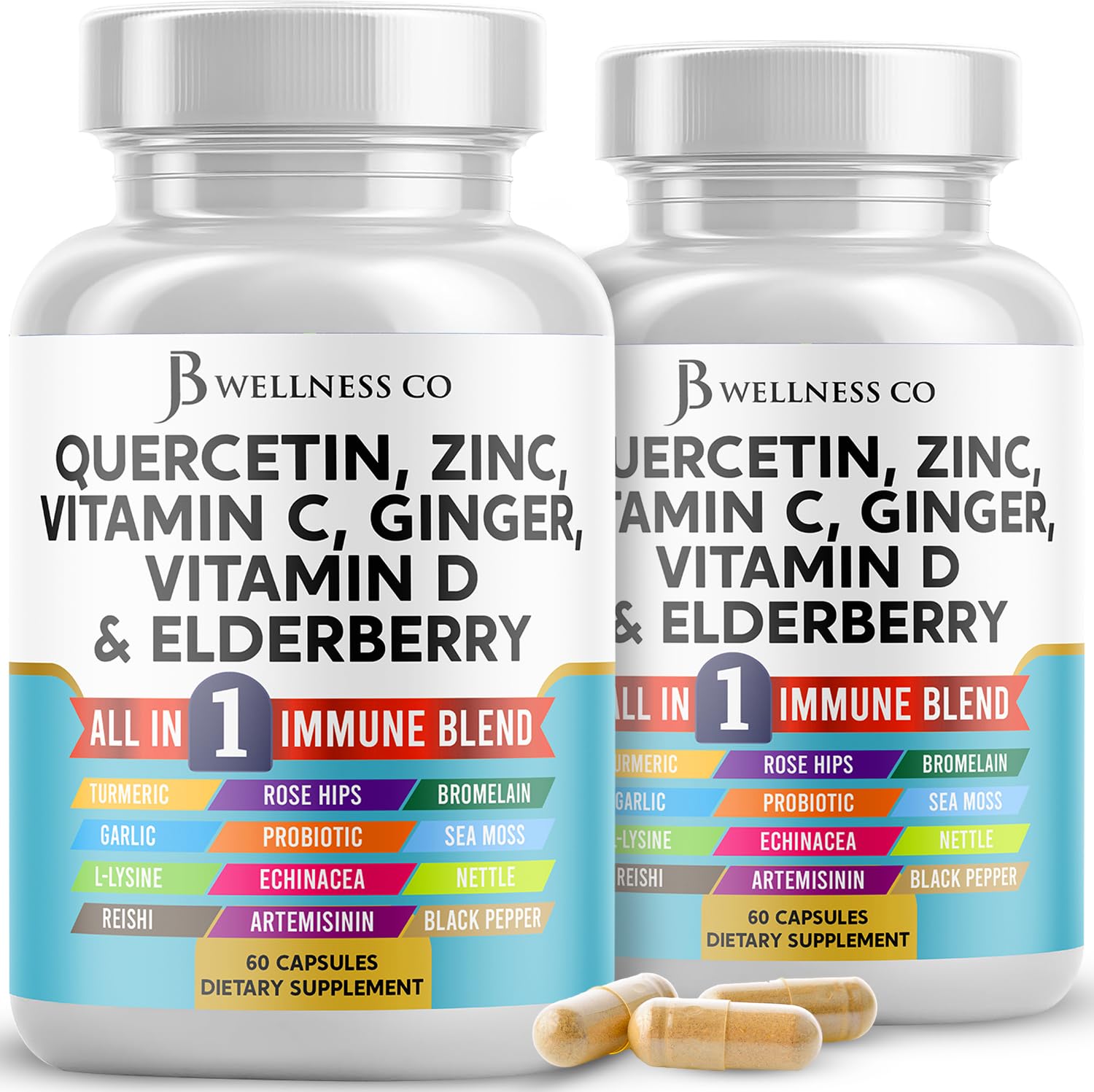 JB Wellness Co Quercetin Zinc Vitamin C Vitamin D Bromelain Elderberry - Nettle Supplement with Artemisinin, Sea Moss, Echinacea - 120 Count 60 Count (Pack of 2)