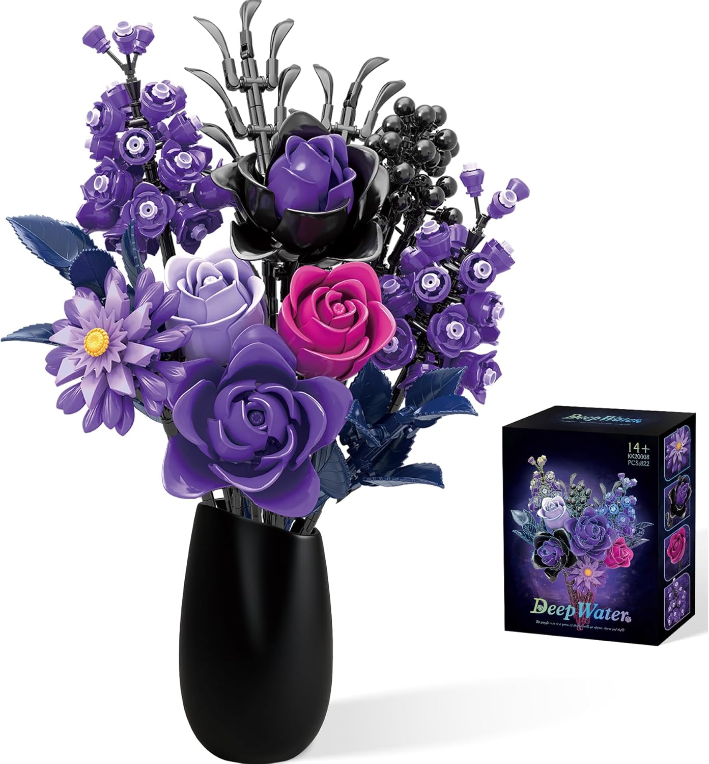 Purple Roses Bouquet Building Set, Lego Compatible Flowers for Adults, Botanicals Halloween Christmas Decorations Gift Gothic Home Decor Building Set for Adults Teens