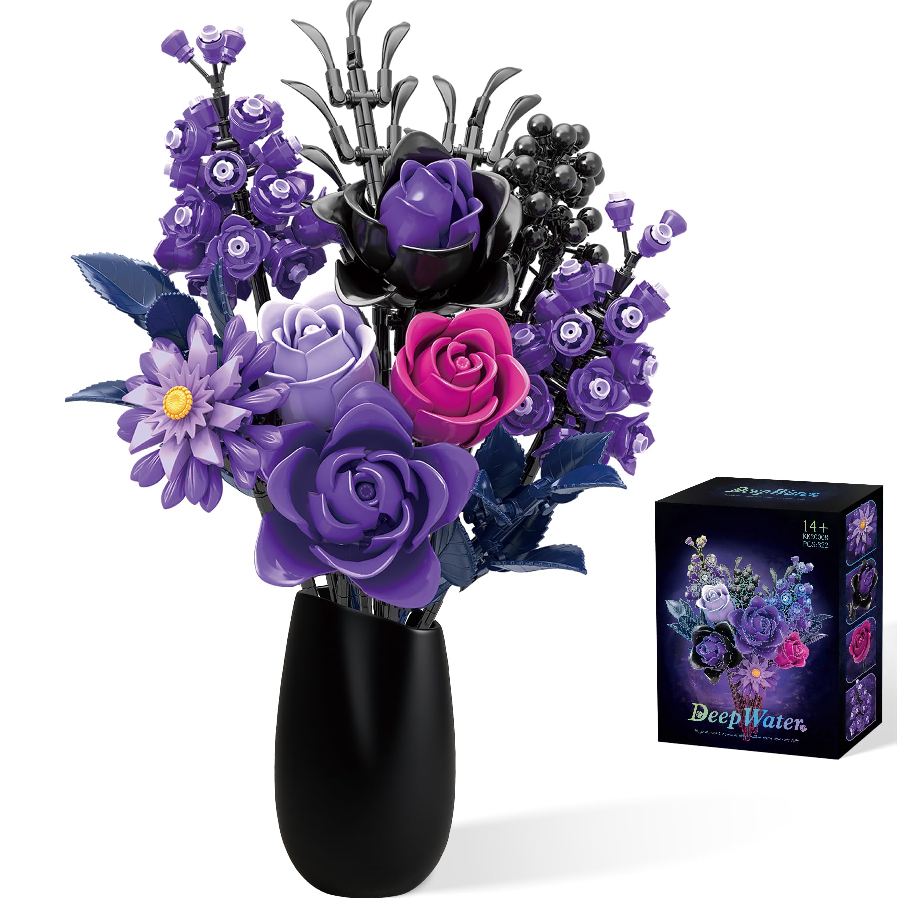 BeepZipp Purple Roses Botanicals Bouquet Building Set, Artificial Flowers Blocks Kit Compatible with Lego Flowers, Halloween Christmas Decorations Gift Building Set for Adults Teens
