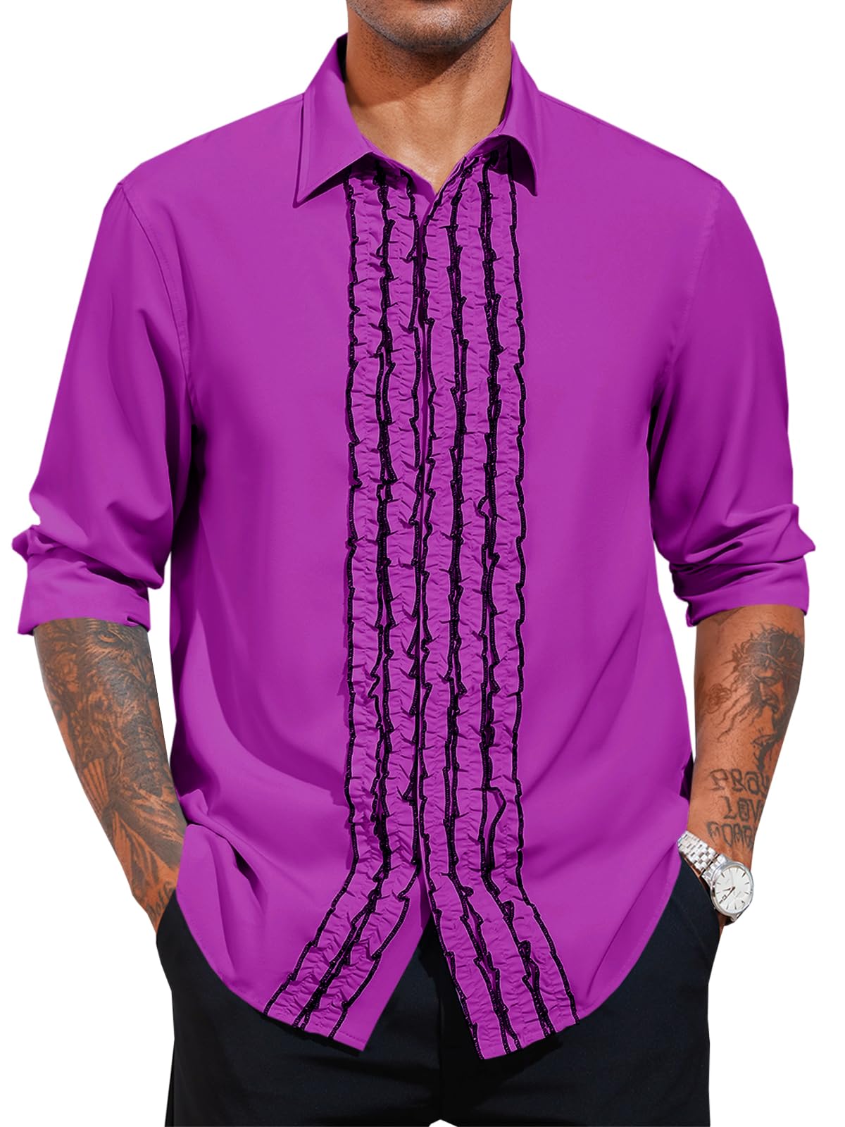 Runcati Mens Ruffle Tuxedo Shirt 80s Medieval Retro Costume Tops Long Sleeve Party Dinner Dress Shirts X-Large Purple