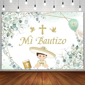 AIBIIN 7x5ft Mi Bautizo Backdrop for Boy Greenery Baptism Green Eucalyptus Angel Photography Background First Holy Communion Christening Party Decoration Supplies Newborn Baby Shower Photo Booth Props