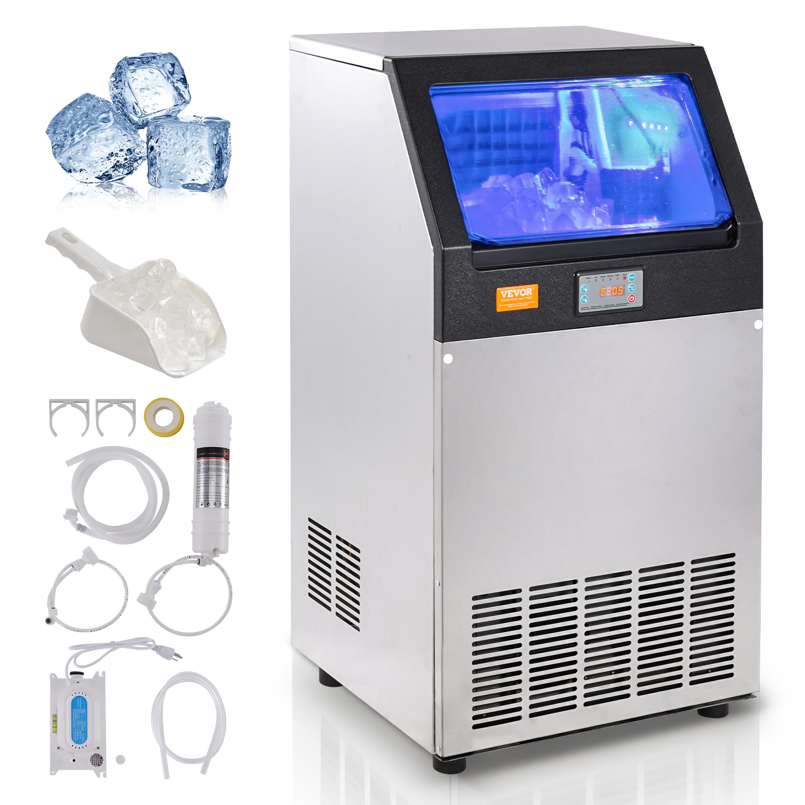VEVOR Kommerzieller Eisbereiter 45 kg/24 h Eiswürfelmaschine 55 Eiswürfel in 12–15 Minuten Freistehender Schrank-Eisbereiter 15 kg Speicherkapazität LED-Digitalanzeige Silber