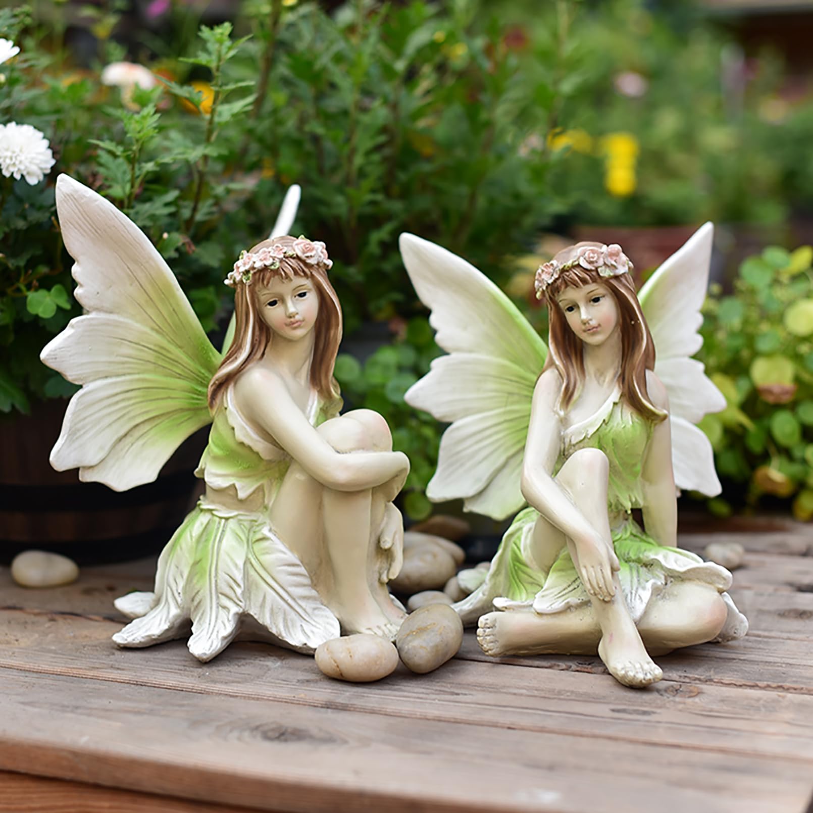 Elfen Figuren Feen Statue Harz Gartenfiguren & gartenstatuen Gartendeko für draußen,Europäische kreative Gartenfeen-Ornamente,Sitzende Elfen Skulptur mit Flügeln H 26cm,Grün,D