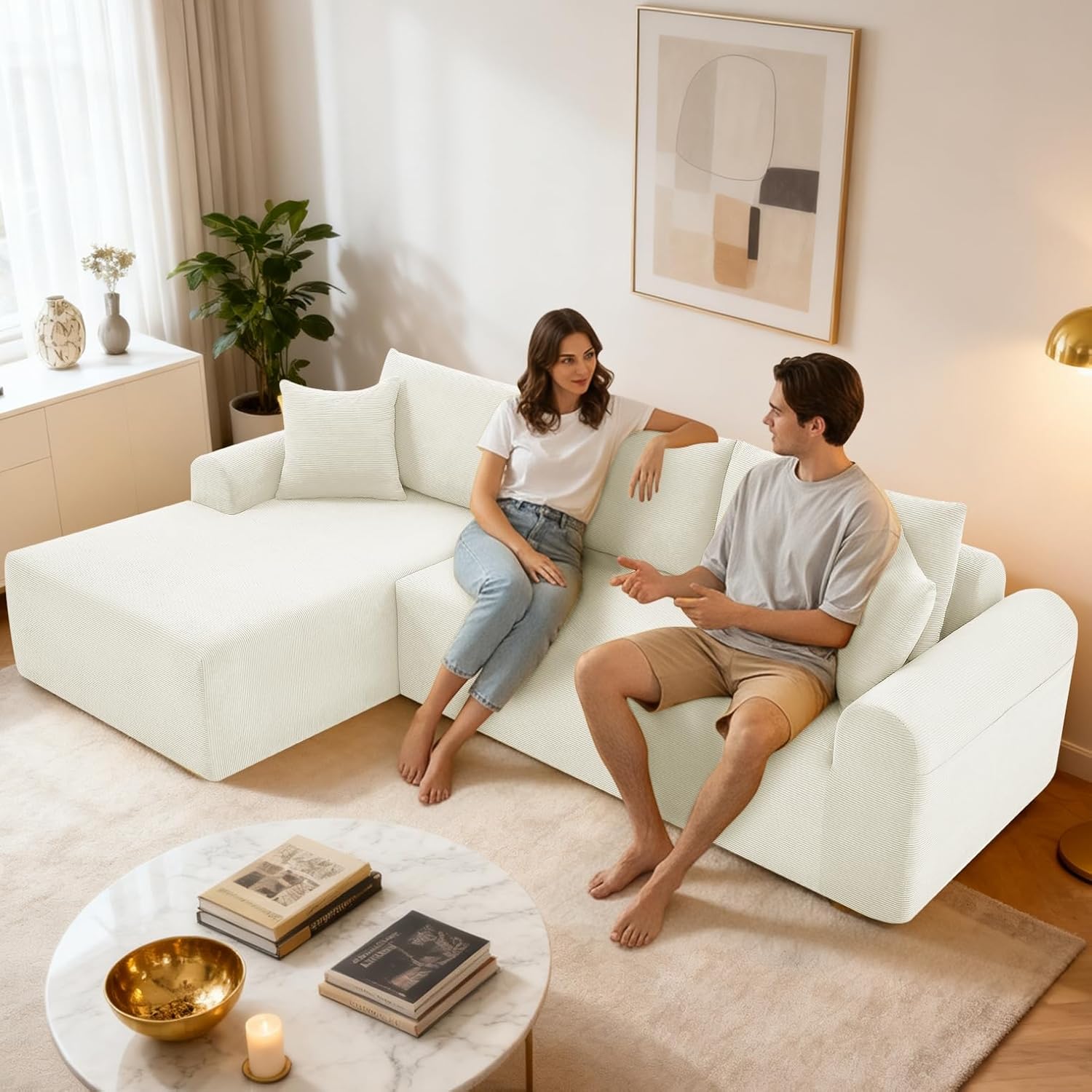 Modular Sectional Sofa with Chaise, Cloud Sectional Couch with Deep Seat, Modular L-Shape Sofa Corduroy Boneless Couch for Living Room,Bedroom,No Assembly Required(Beige, Left Facing Chaise)