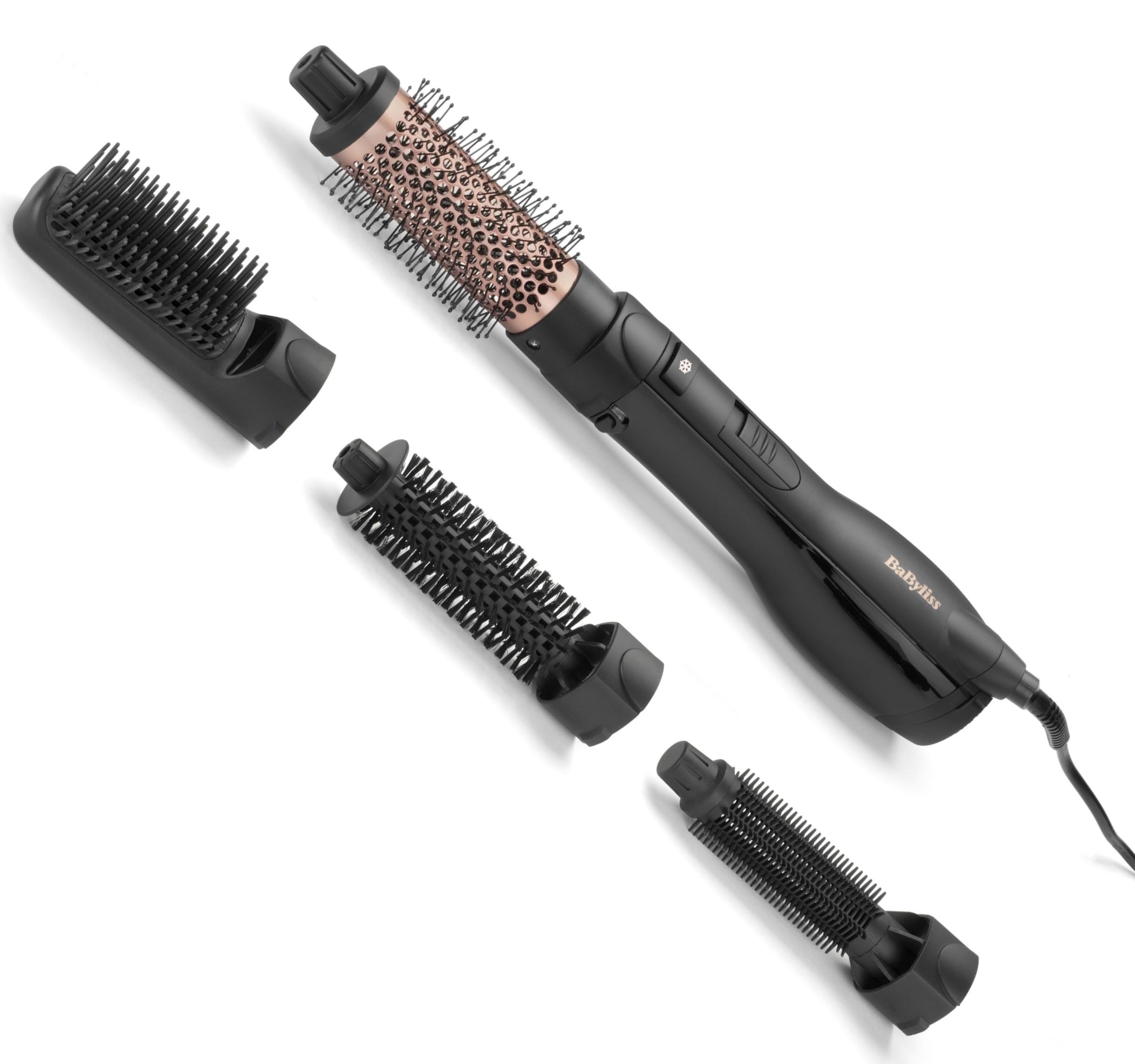 BaByliss Spazzola ad aria calda 1200W 4 accessori, Asciugatura, styling e volume, 3 temperature, funzione ionica anti-crespo, AS122E